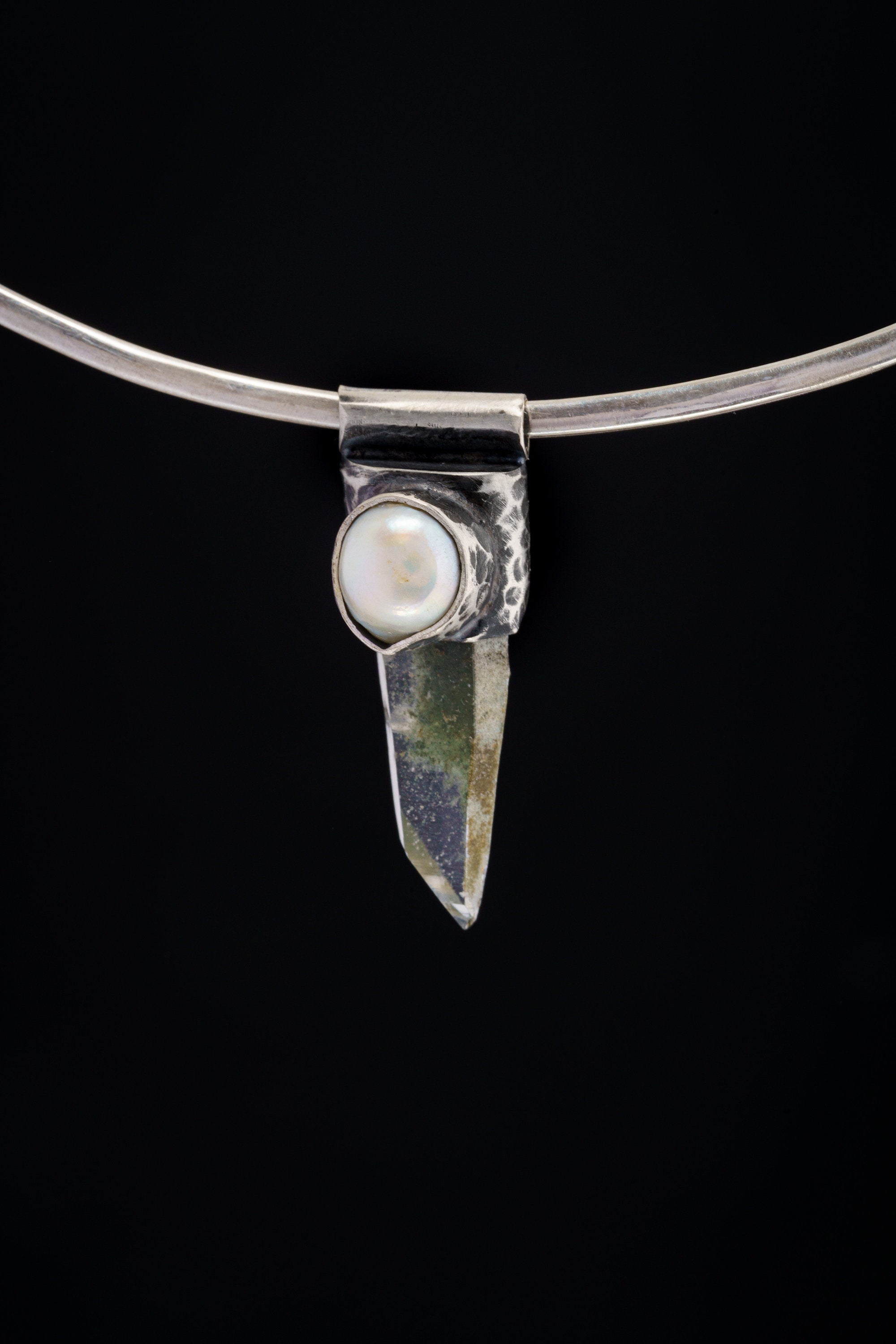 Tribal Stack Pendant: Nepali Green Chlorite Quartz Point and South Sea Pearl in Industrial Oxidised 925 Sterling Silver, Handcrafted- NO 8