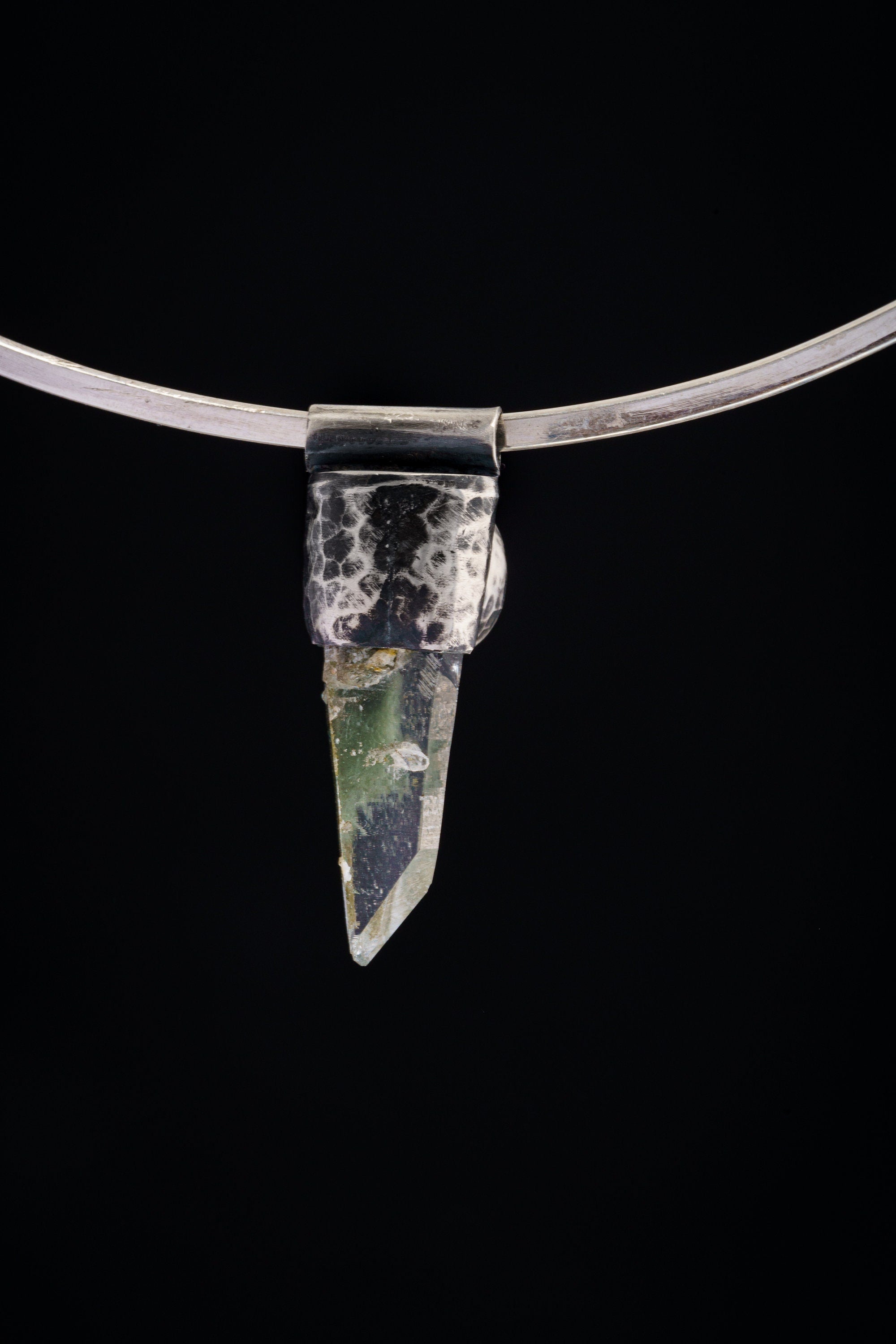 Tribal Stack Pendant: Nepali Green Chlorite Quartz Point and South Sea Pearl in Industrial Oxidised 925 Sterling Silver, Handcrafted- NO 8