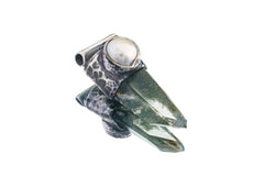Tribal Stack Pendant: Nepali Green Chlorite Quartz Point and South Sea Pearl in Industrial Oxidised 925 Sterling Silver, Handcrafted- NO 8