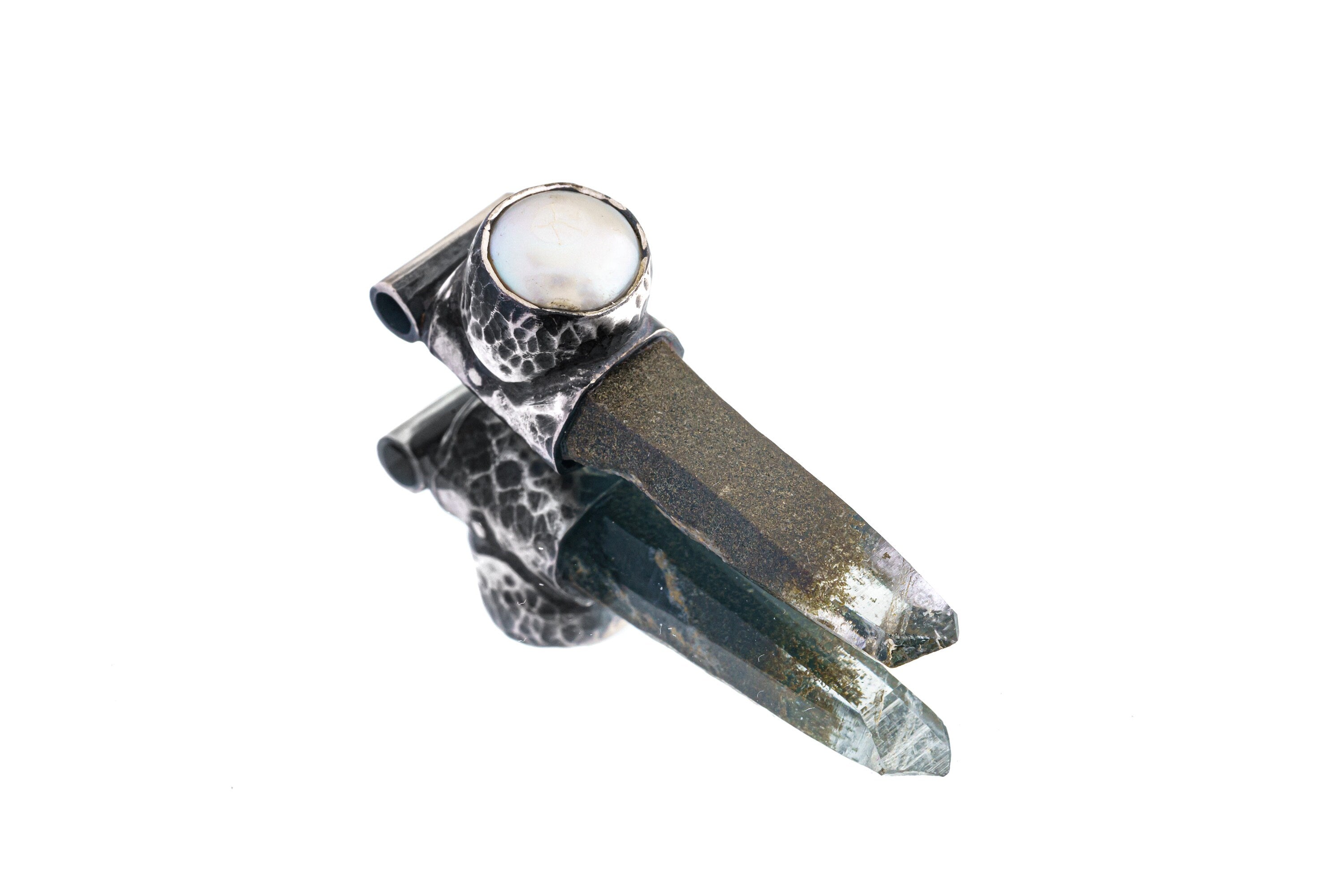 NEPLAE Brown Phantom Laser Chlorite Quartz Point with South Sea Pearl Stack Pendant, Textured & Oxidized Sterling Silver,Unique Gift - NO 10