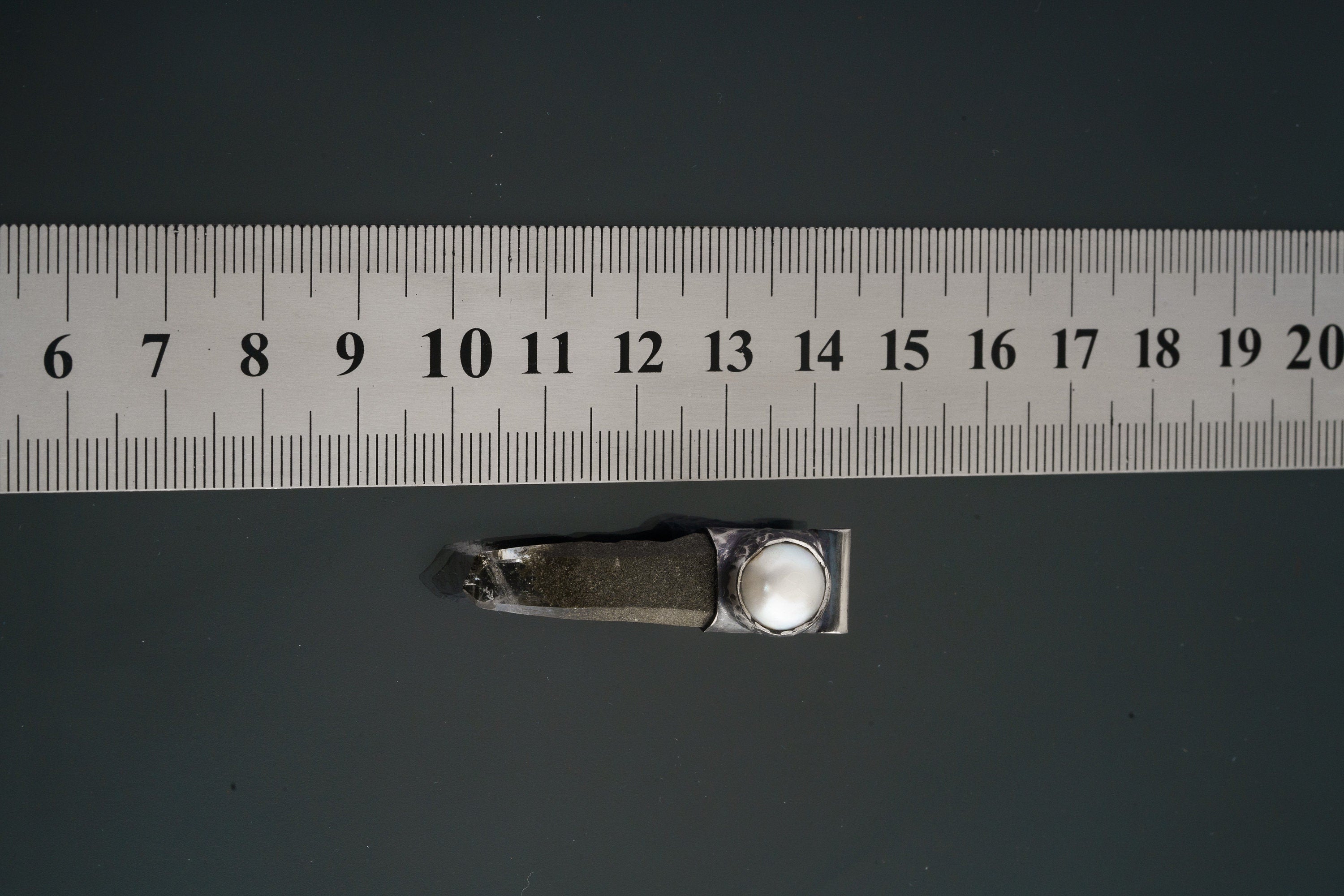 NEPLAE Brown Phantom Laser Chlorite Quartz Point with South Sea Pearl Stack Pendant, Textured & Oxidized Sterling Silver,Unique Gift - NO 10