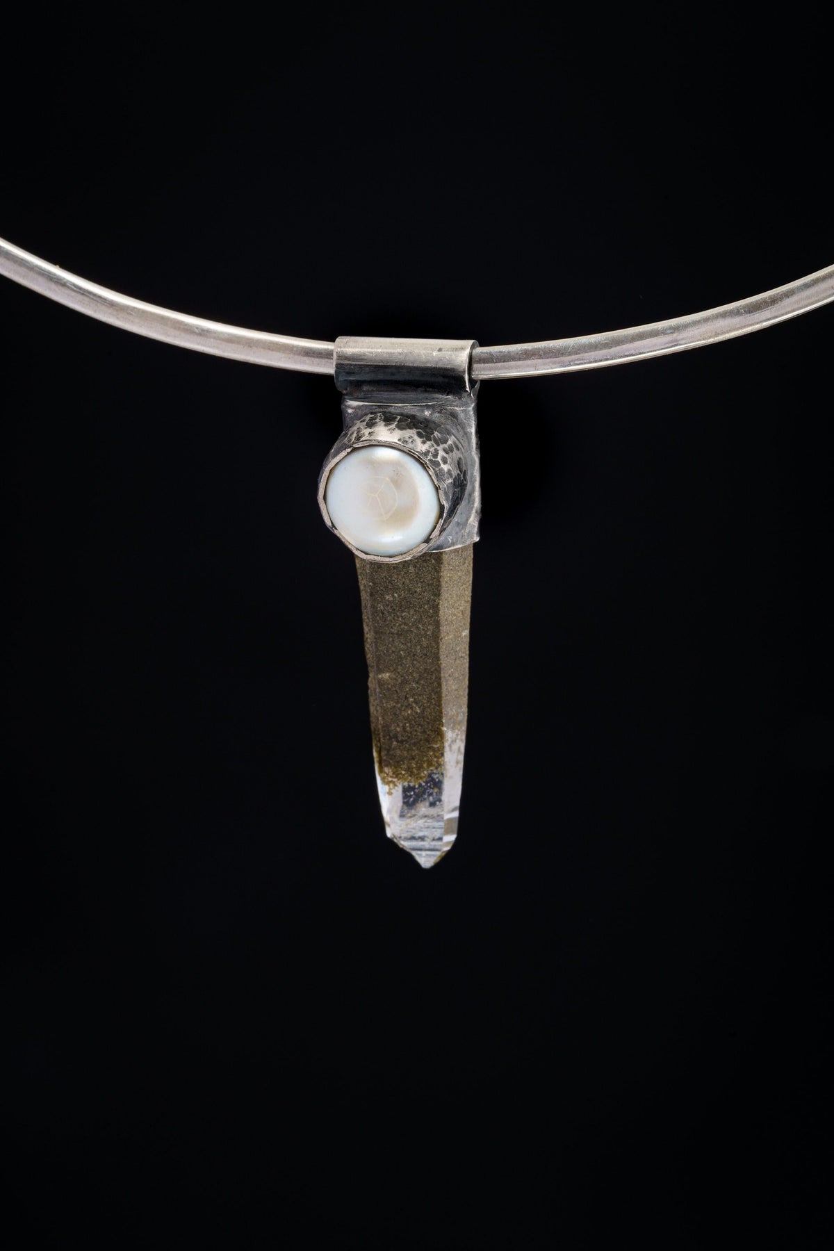 NEPLAE Brown Phantom Laser Chlorite Quartz Point with South Sea Pearl Stack Pendant, Textured & Oxidized Sterling Silver,Unique Gift - NO 10