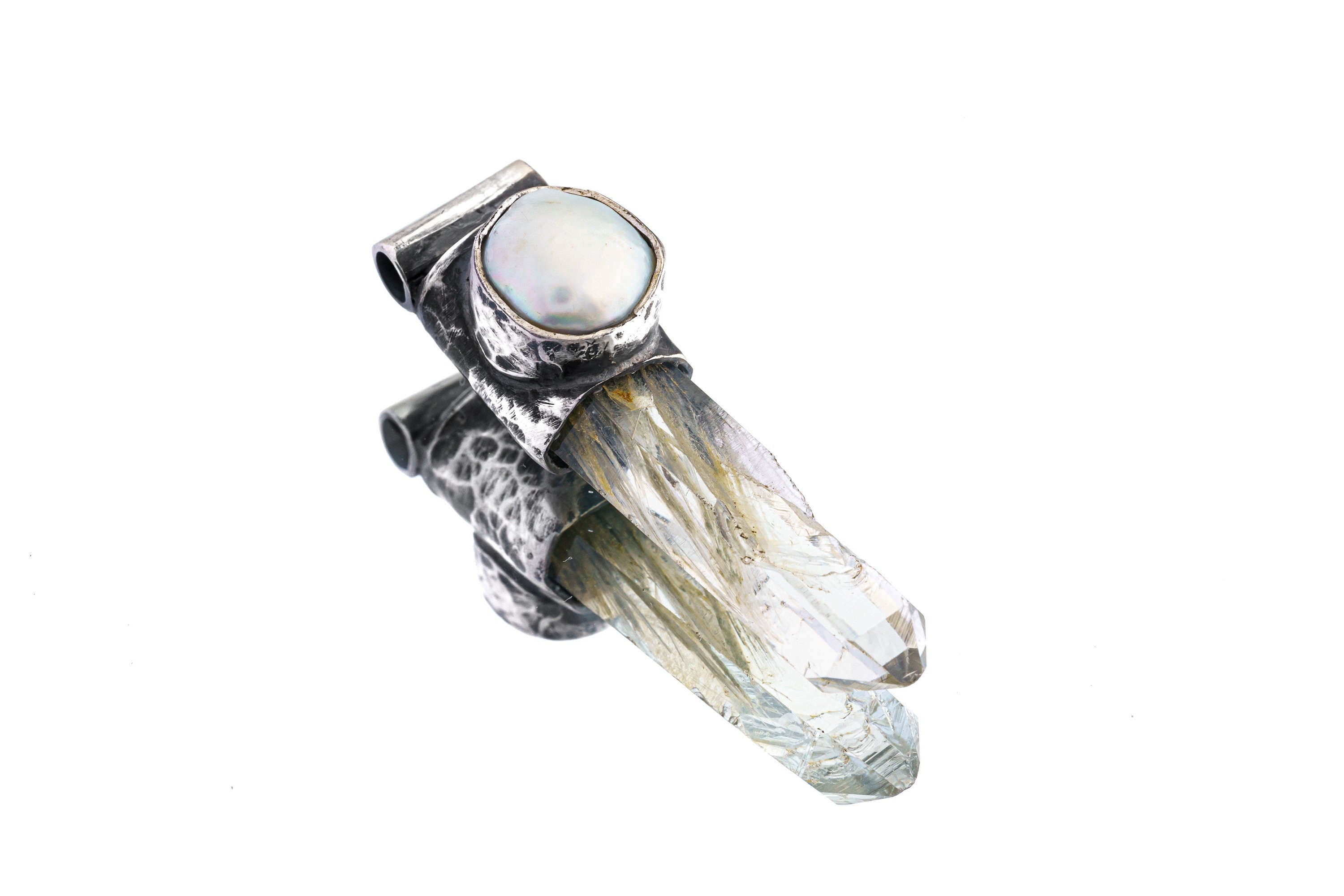 Nepal Quartz and South Sea Pearl Stack Pendant shown on white background with oxidized silver cap and pointed crystal body.