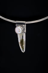 Nepali Yellow / Green Rutile Chlorite Laser Quartz with a South Sea Pearl - Stack Pendant - Textured & Oxidised 925 Sterling Silver - NO 30