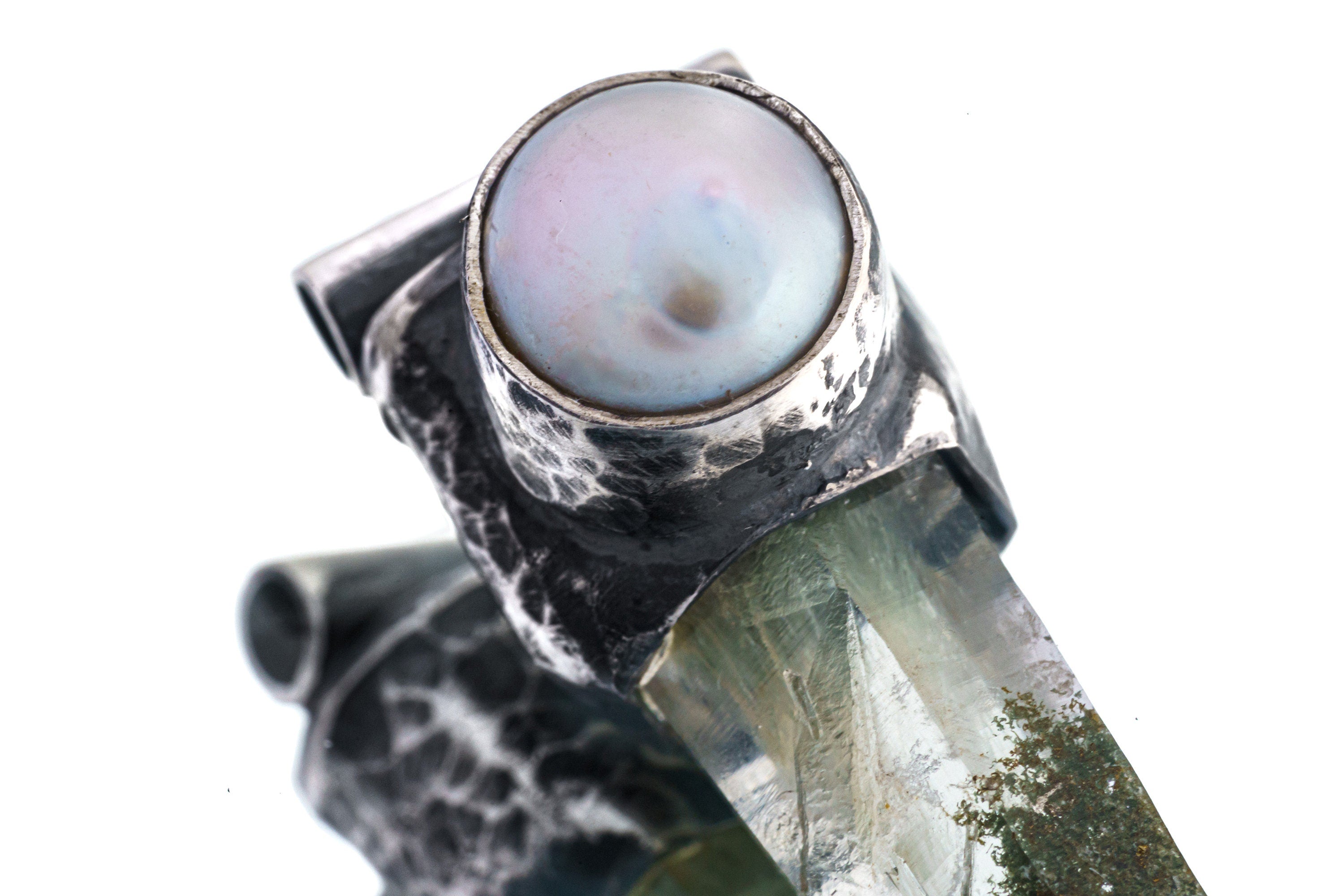 Nepali Chlorite Quartz Pendant: South Sea Pearl, Oxidized Sterling Silver