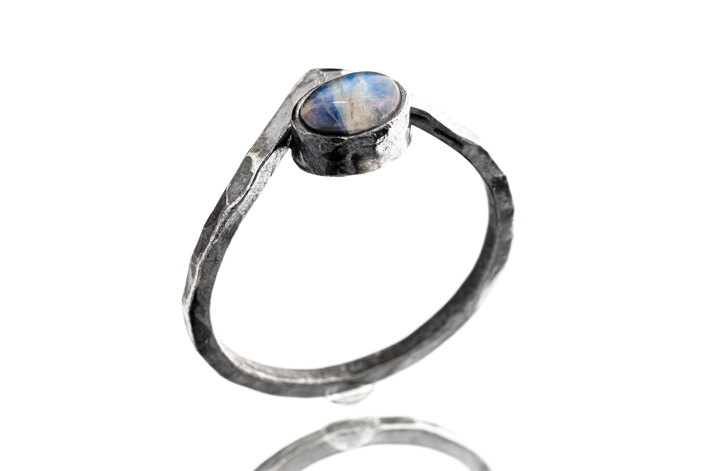 Blue Oval Moonstone Ring - Rustic Boho Stack Ring - Hammered Oxidised Triangle Band - 925 Sterling Silver - Size 4.5 - 8 US