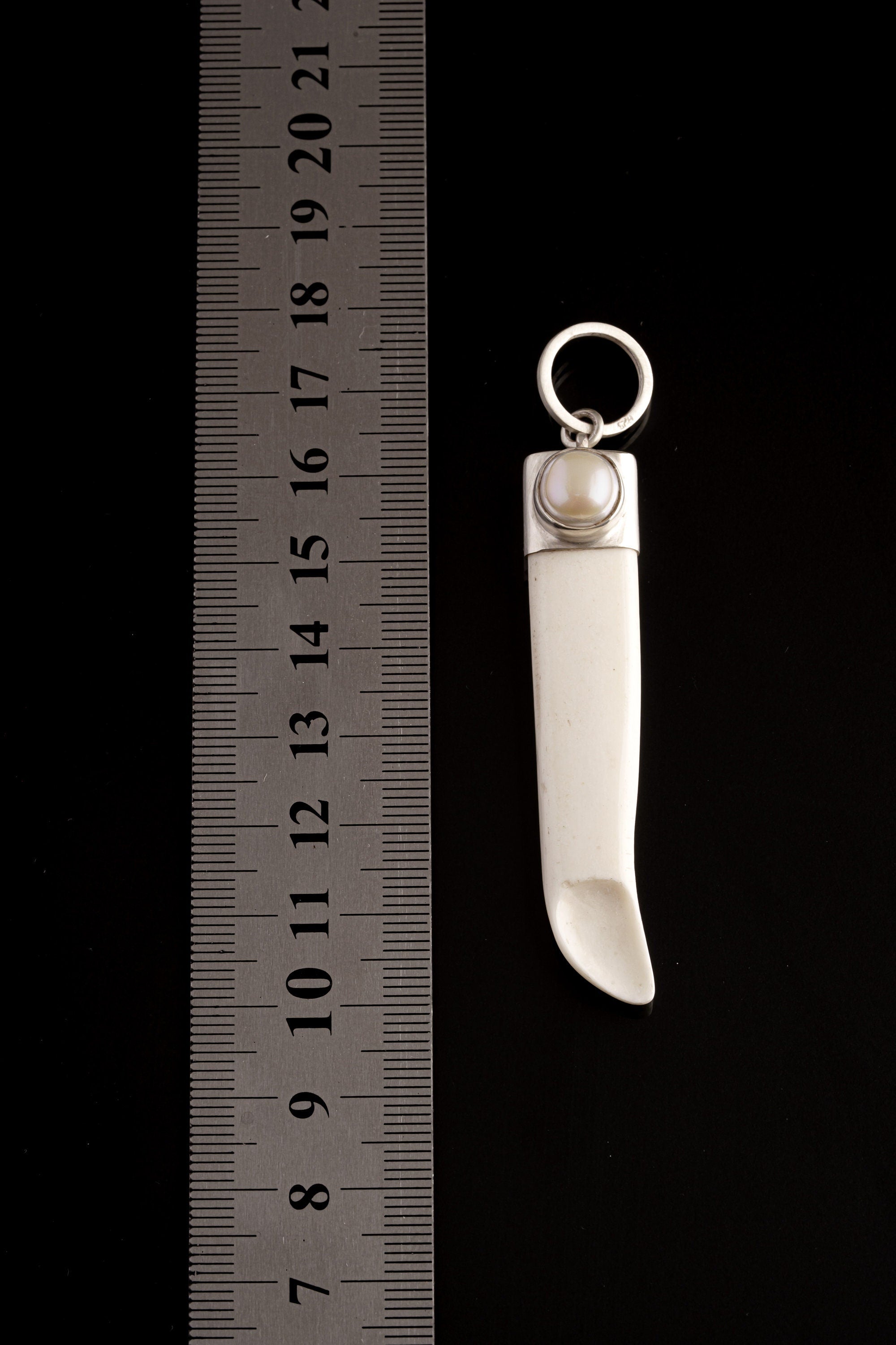 South Sea Pearl Necklace, Carved Bone Spoon Pendant, 925 Silver
