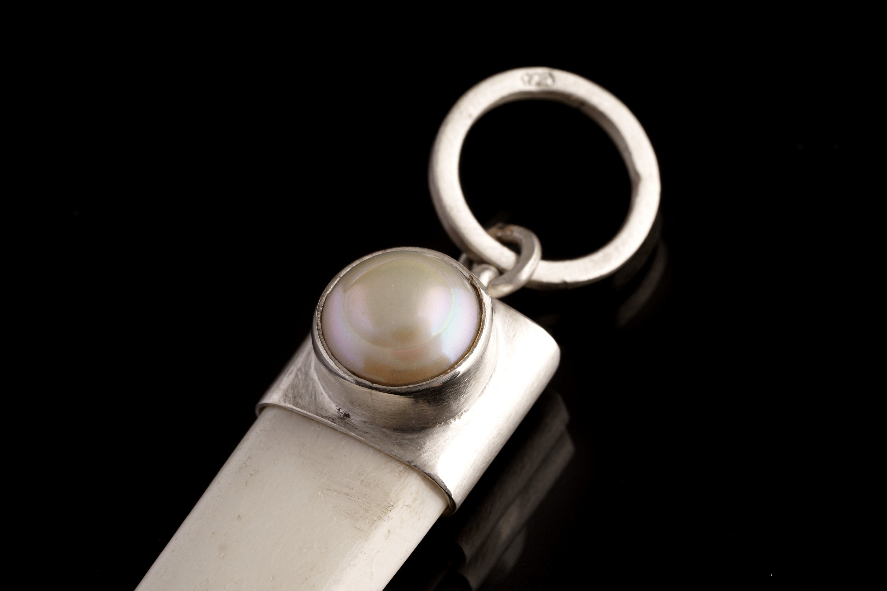 South Sea Pearl Bone Spoon Pendant 925 Sterling Silver Antique Himalayan Bone Ritual Scoop Necklace Gift