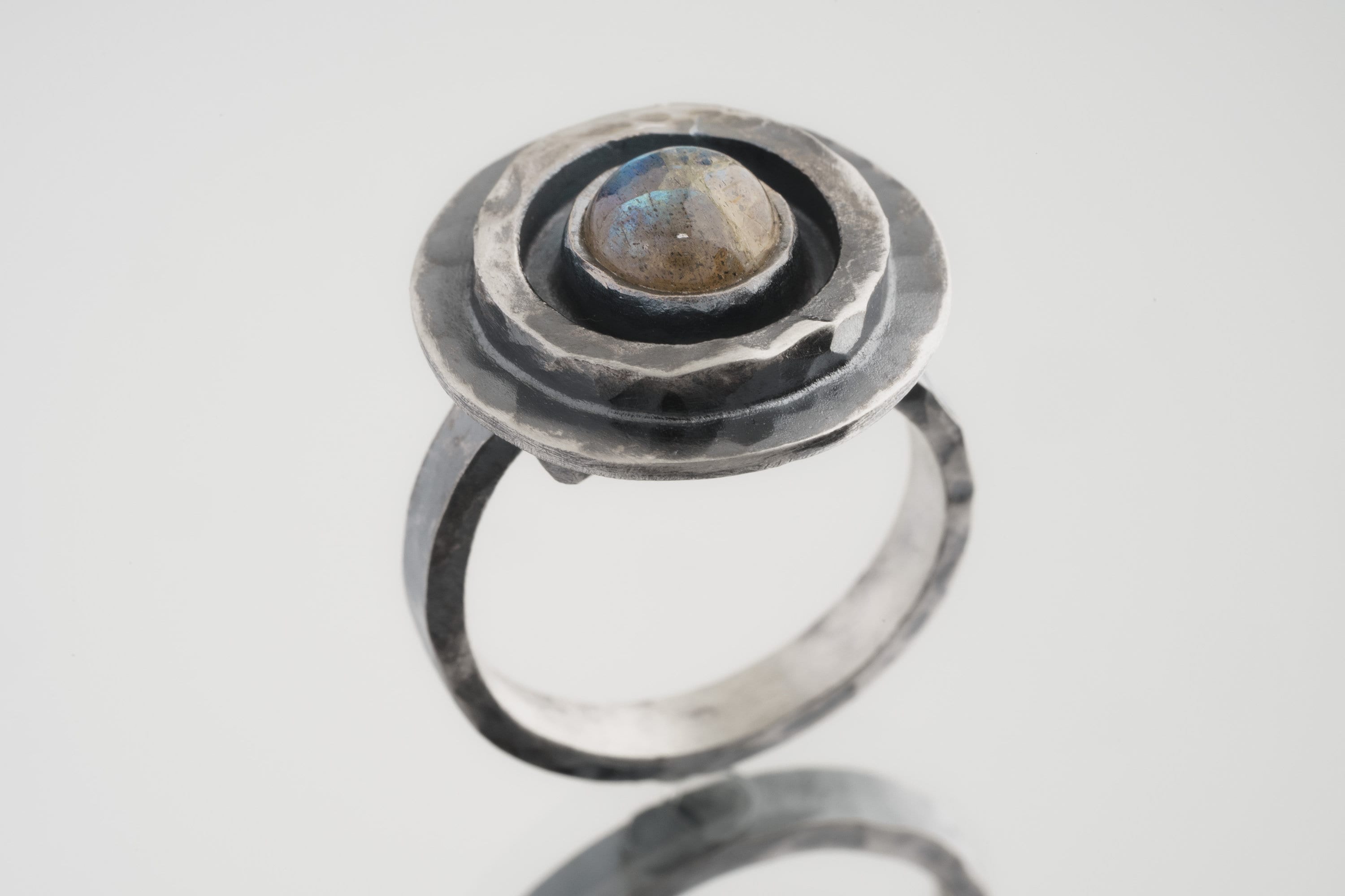 Rainbow Labradorite Ring: Oxidized Sterling Silver, Adjustable Textured Band