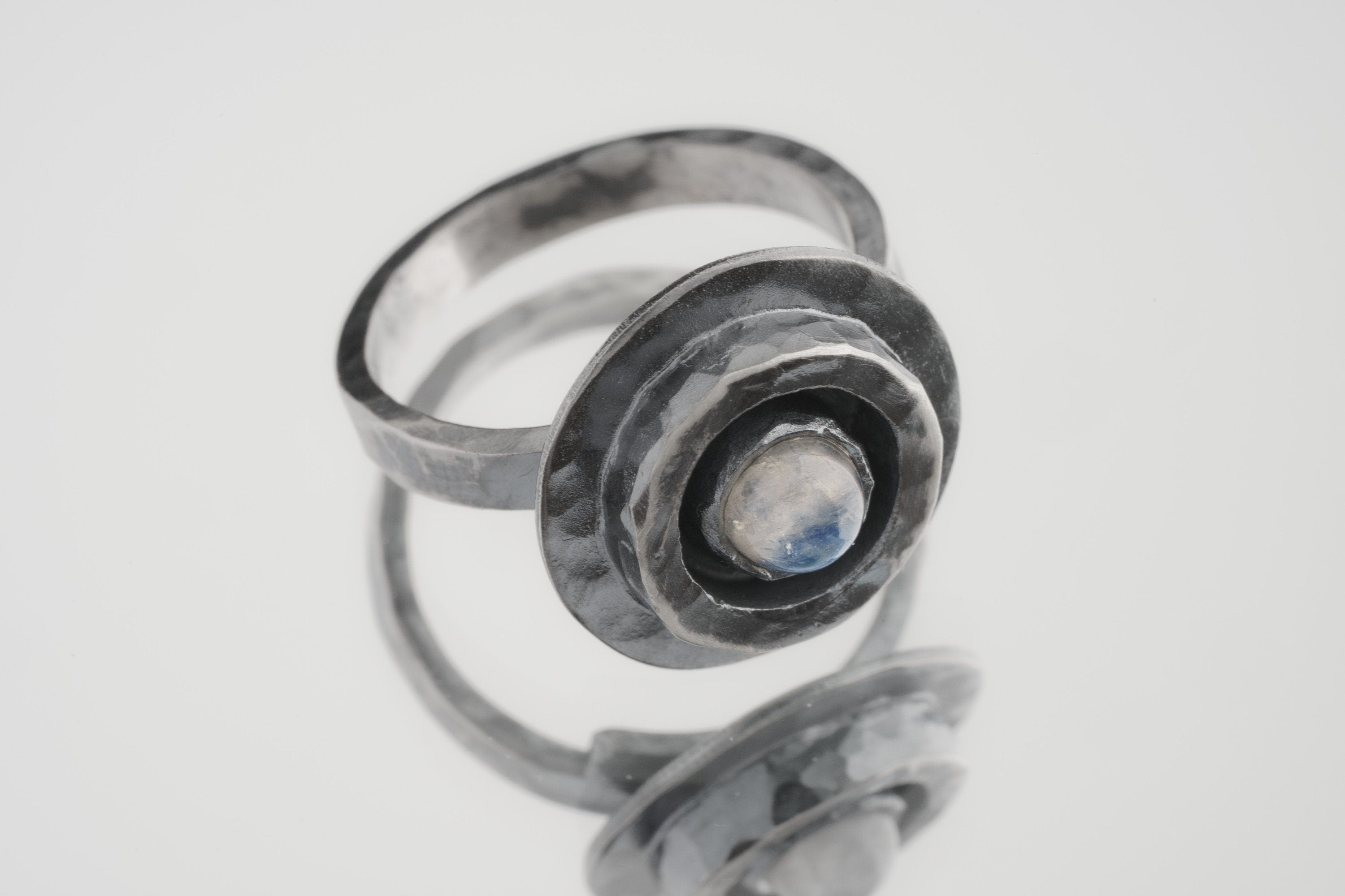 Blue Moonstone Dome Cab - Oxidised Rustick Boho Vibe - 925 Sterling Silver - Heavy Set Adjustable Textured Ring - Size 5-10 US