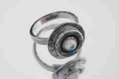 Blue Moonstone Dome Cab - Oxidised Rustick Boho Vibe - 925 Sterling Silver - Heavy Set Adjustable Textured Ring - Size 5-10 US