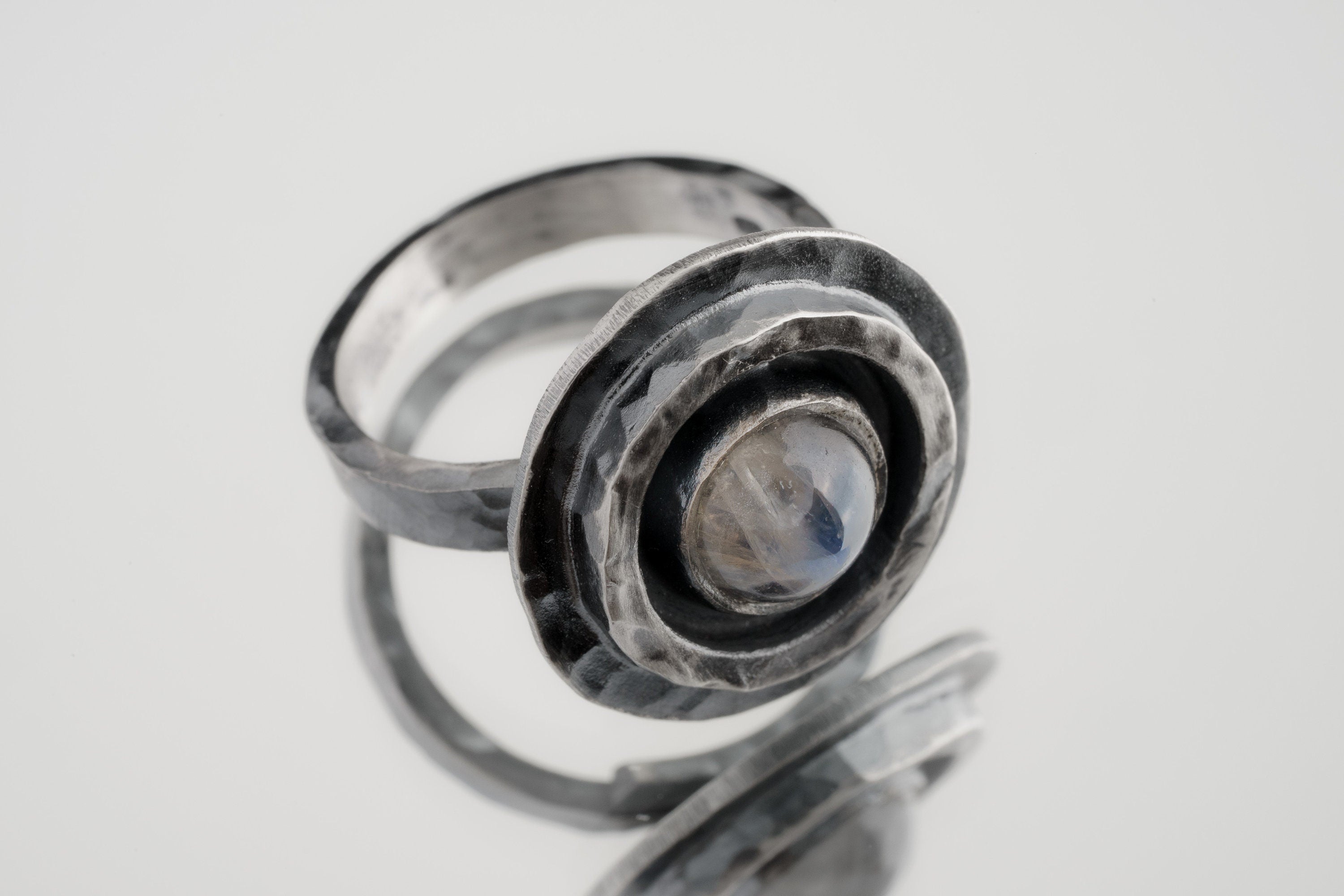 Blue Moonstone Ring 925 Sterling Silver Oxidized Adjustable Textured Band June Birthstone Crown Chakra Jewelry Gift