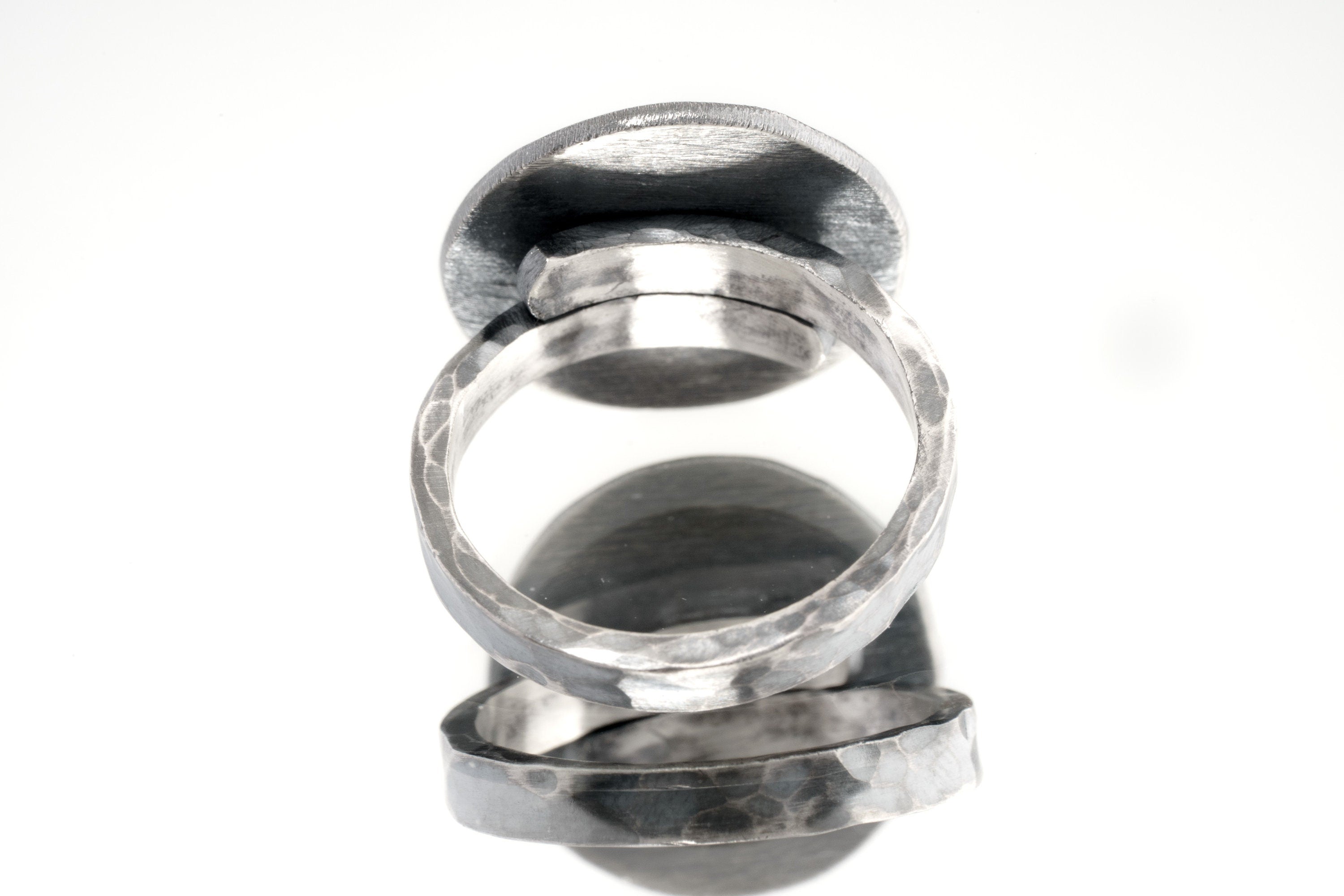 Blue Moonstone Dome Cab - Oxidised Rustick Boho Vibe - 925 Sterling Silver - Heavy Set Adjustable Textured Ring - Size 5-10 US