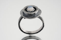 Blue Moonstone Dome Cab - Oxidised Rustick Boho Vibe - 925 Sterling Silver - Heavy Set Adjustable Textured Ring - Size 5-10 US