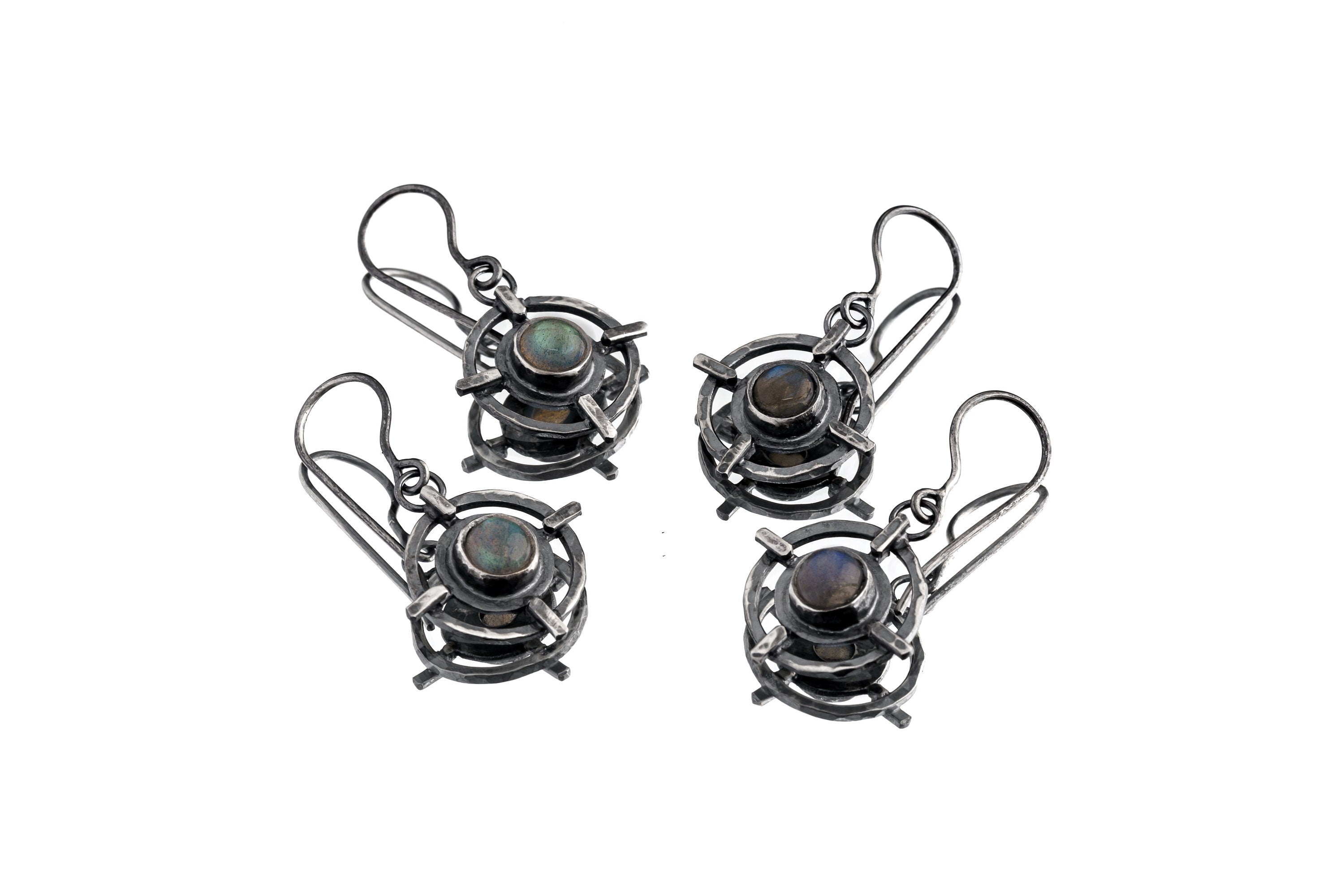 Labradorite Earrings 925 Sterling Silver Hammered Circle Cross Dangles Bezel Set Third Eye Chakra Heirloom Jewelry