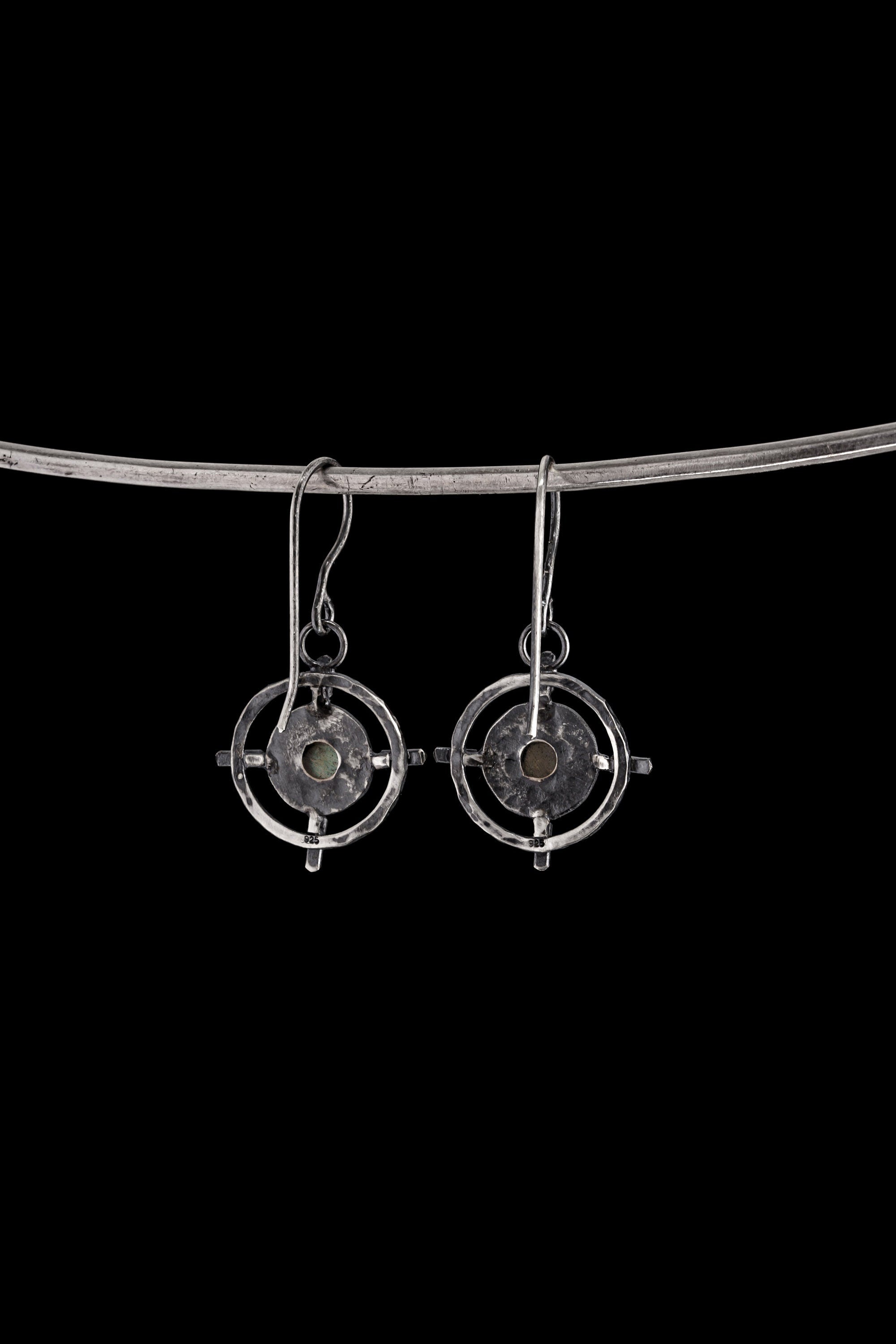 Labradorite Earrings 925 Sterling Silver Hammered Circle Cross Dangles Bezel Set Third Eye Chakra Heirloom Jewelry