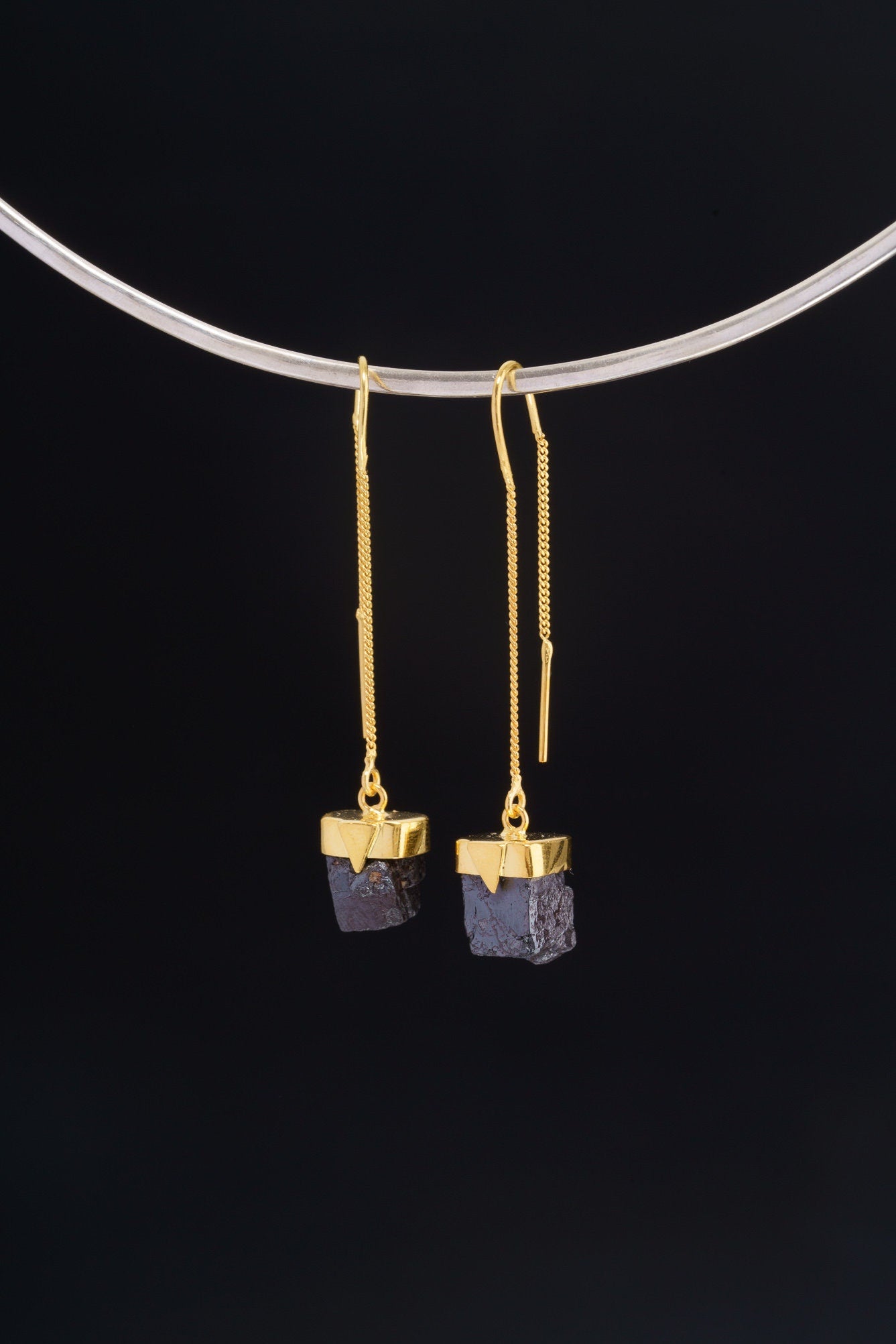 Pyrite Dangle Earrings 18k Gold Plated 925 Sterling Silver Bezel Set Solar Plexus Chakra Leo Protection Gift NO. 3