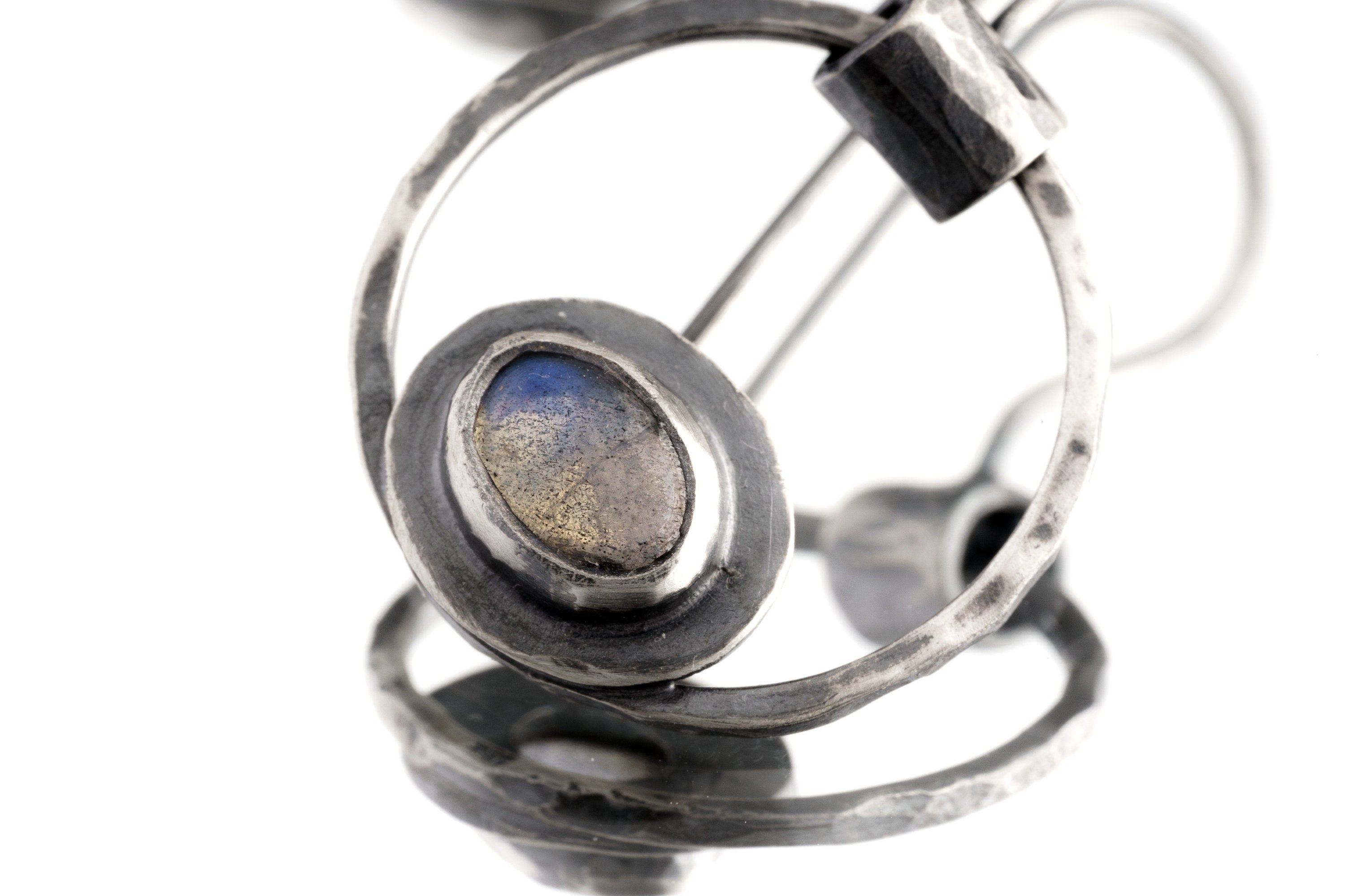 Ovel Eye Rainbow Labradorite Cab - Oxidised Rustick Boho Vibe - 925 Sterling Silver - Hoop Swinging & Textured Old World Vibe Earring Pair