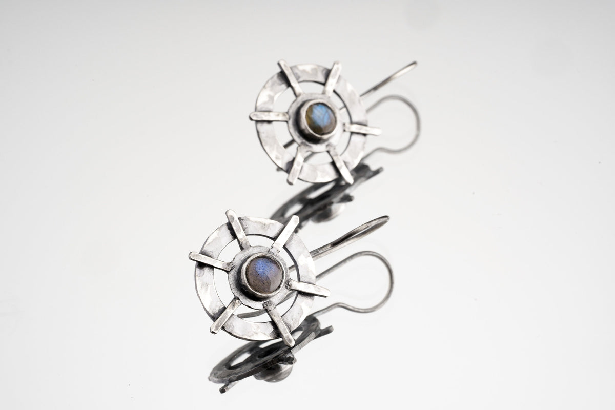 Old World Labradorite Circle Cross earrings in hammered 925 sterling silver with bezel-set stones and layered dangle design.