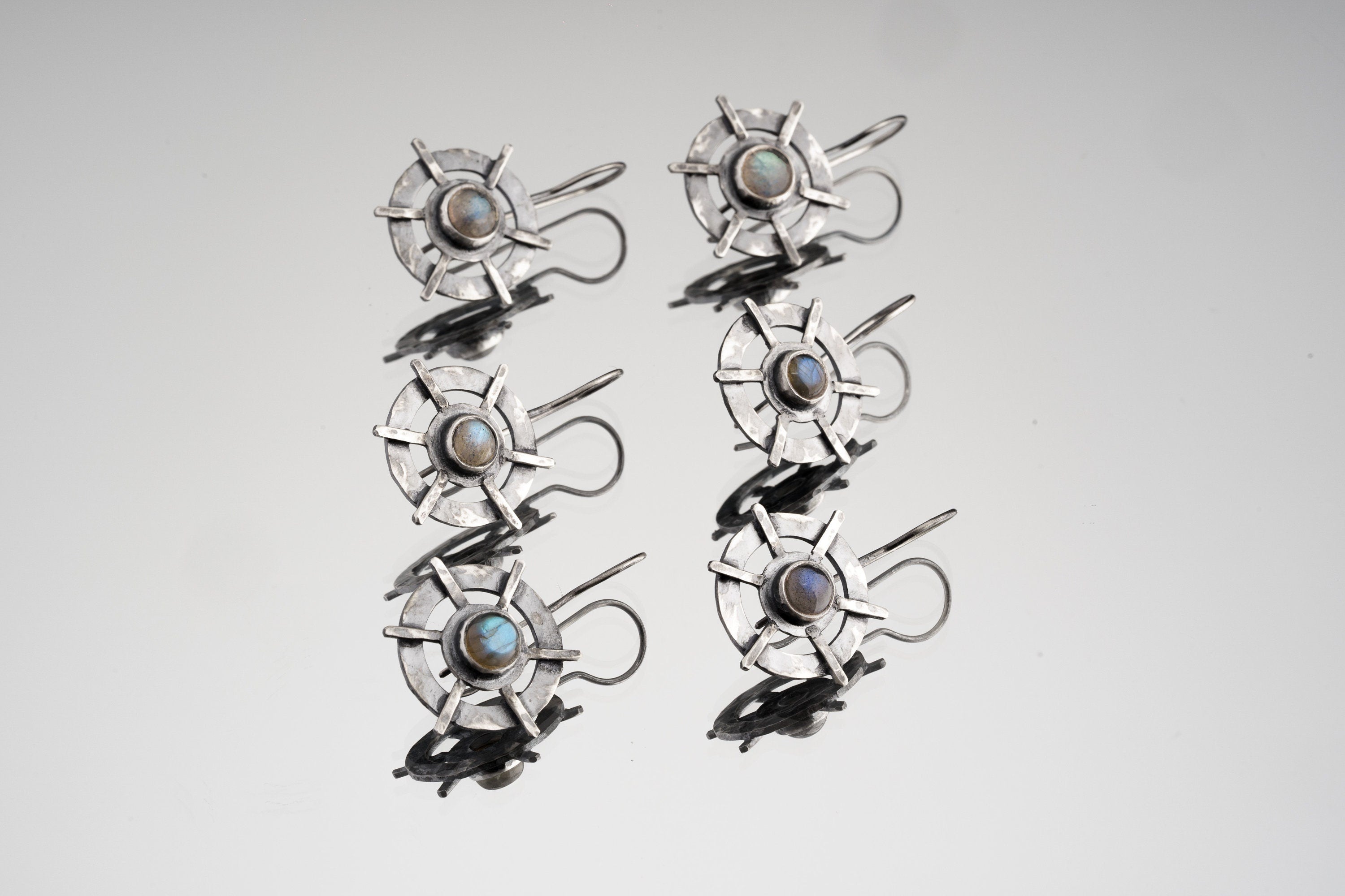 Rainbow Labradorite Earrings: Oxidized Sterling Silver, Hammered Boho Pair