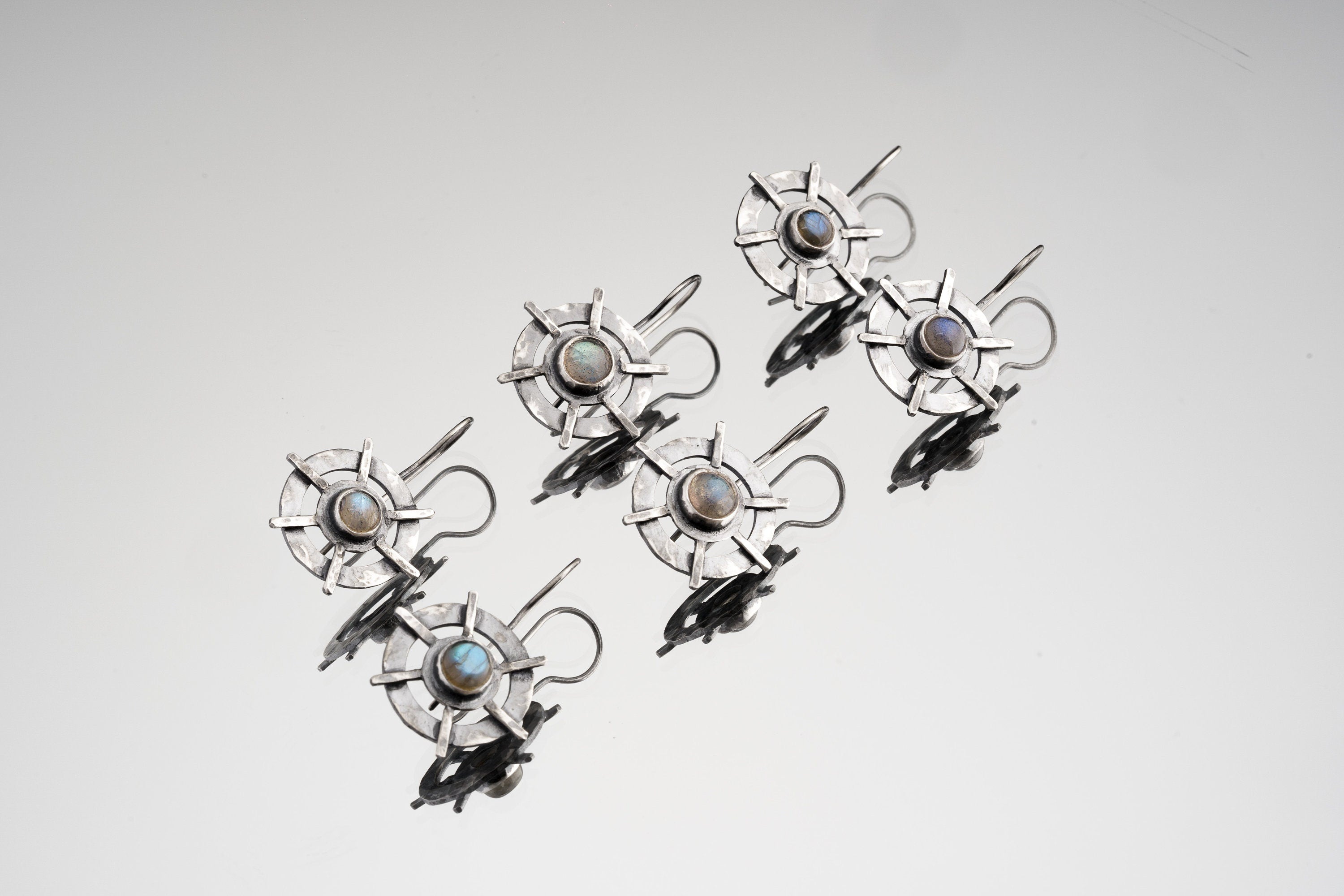 Labradorite Earrings 925 Sterling Silver Hammered Circle Cross Dangles Bezel Set Third Eye Chakra Heirloom Jewelry