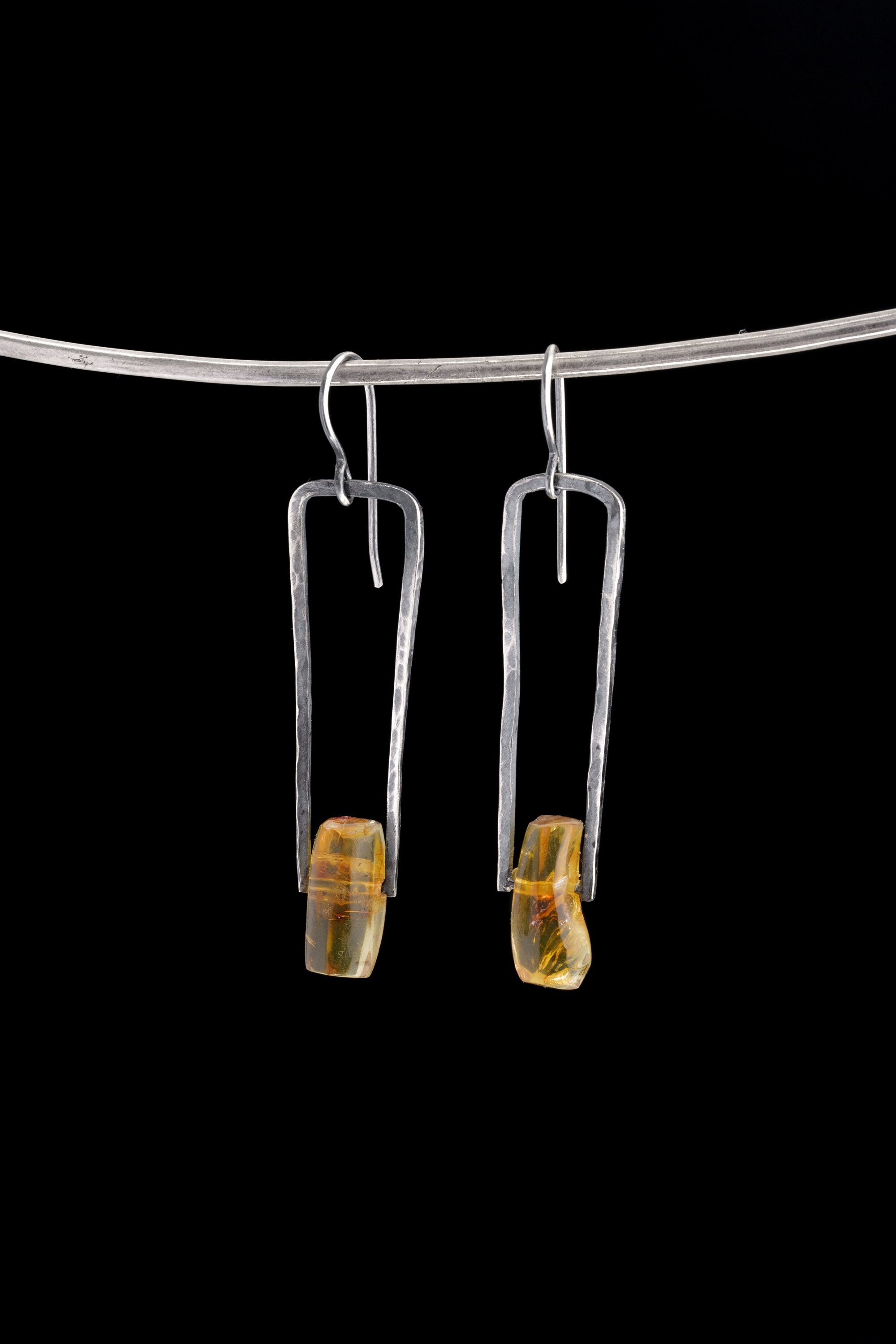 Oxidized Rustic Boho Earrings with Big Mexican Freeform Amber Cabochon Solid 925 Sterling Silver Long Hammered Spinning Dangle Earring Pair