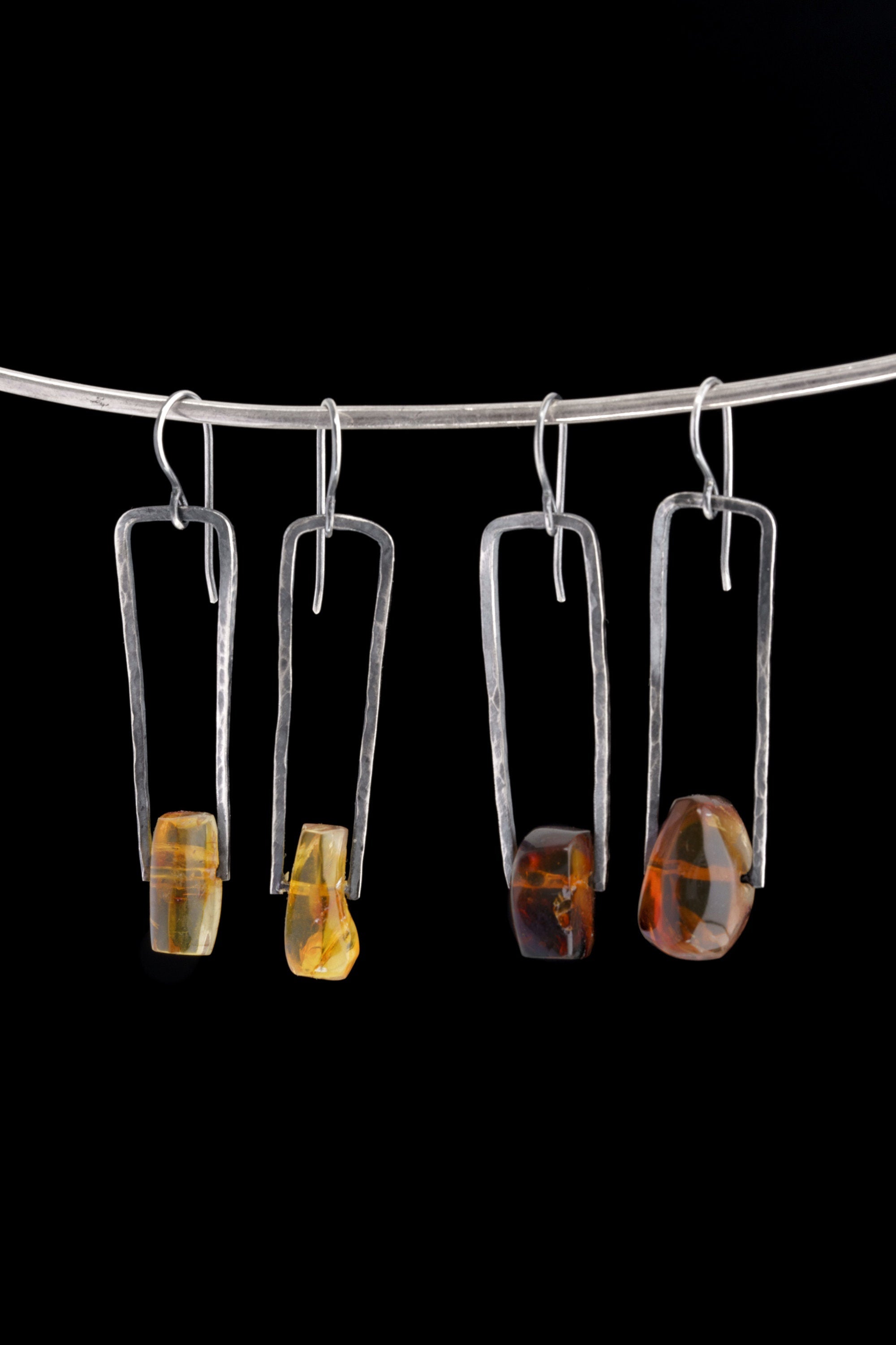 Oxidized Rustic Boho Earrings with Big Mexican Freeform Amber Cabochon Solid 925 Sterling Silver Long Hammered Spinning Dangle Earring Pair