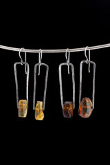 Oxidized Rustic Boho Earrings with Big Mexican Freeform Amber Cabochon Solid 925 Sterling Silver Long Hammered Spinning Dangle Earring Pair