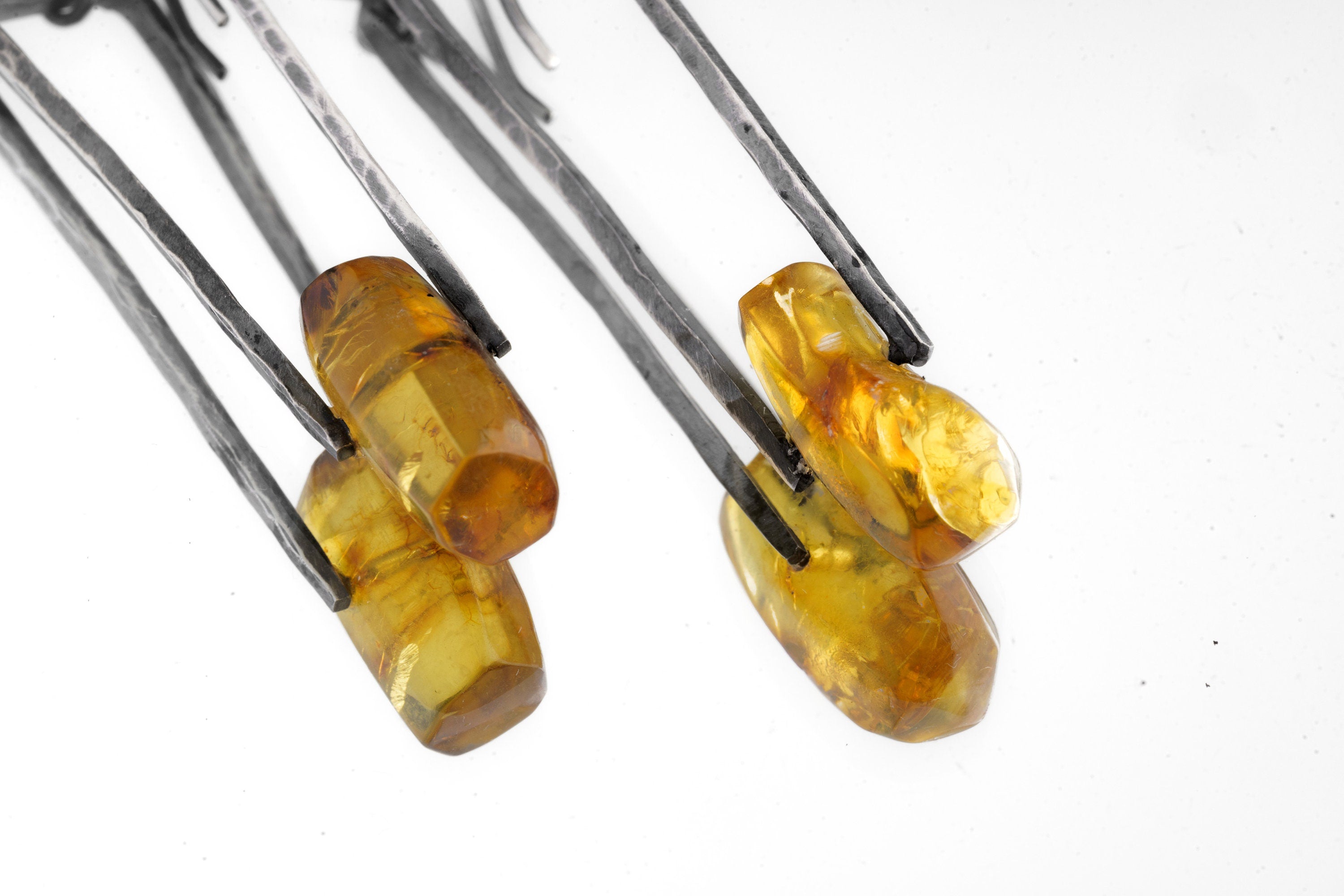 Oxidized Sterling Silver Amber Earrings: Rustic Boho Dangle Pair