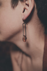 Oxidized Rustic Boho Earrings with Big Mexican Freeform Amber Cabochon Solid 925 Sterling Silver Long Hammered Spinning Dangle Earring Pair