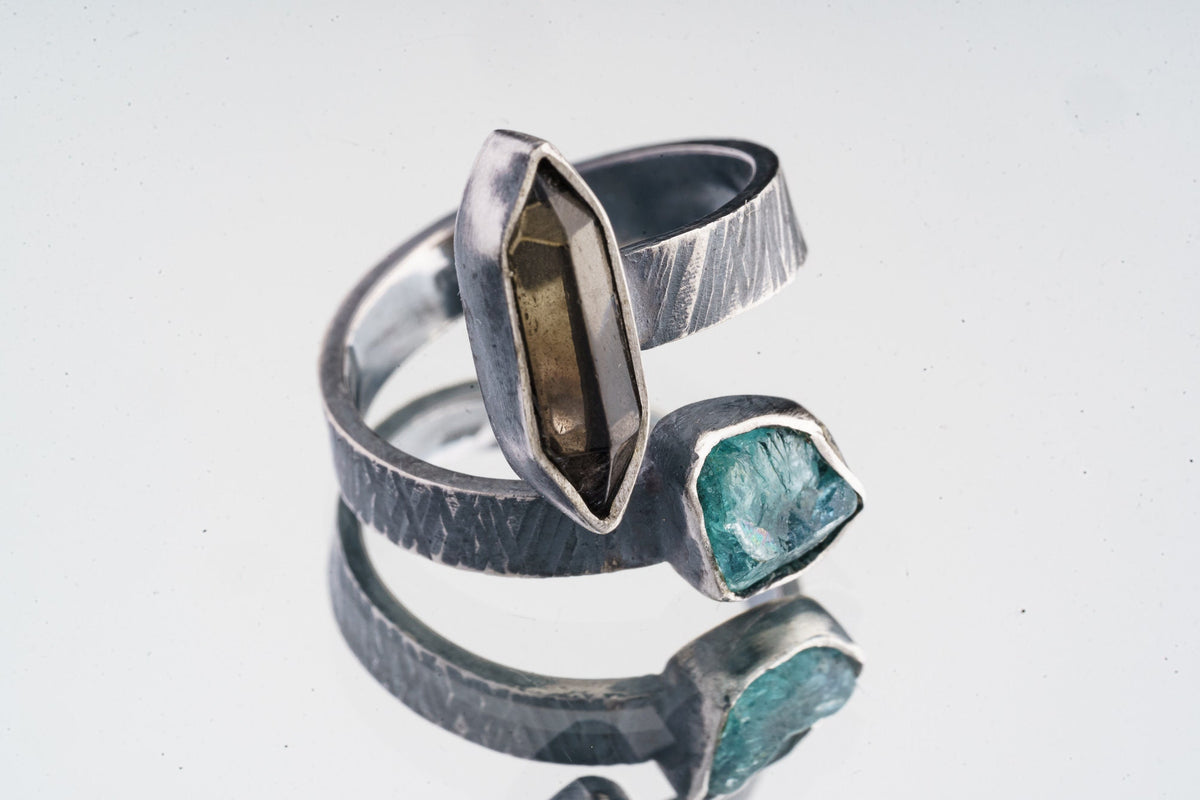 DT Cut Smoky Quartz & Apatite - 925 Sterling Silver - Double Stone - Textured, Oxidised - Open Ring Band - Adjustable US 4 - 10 - NO/13