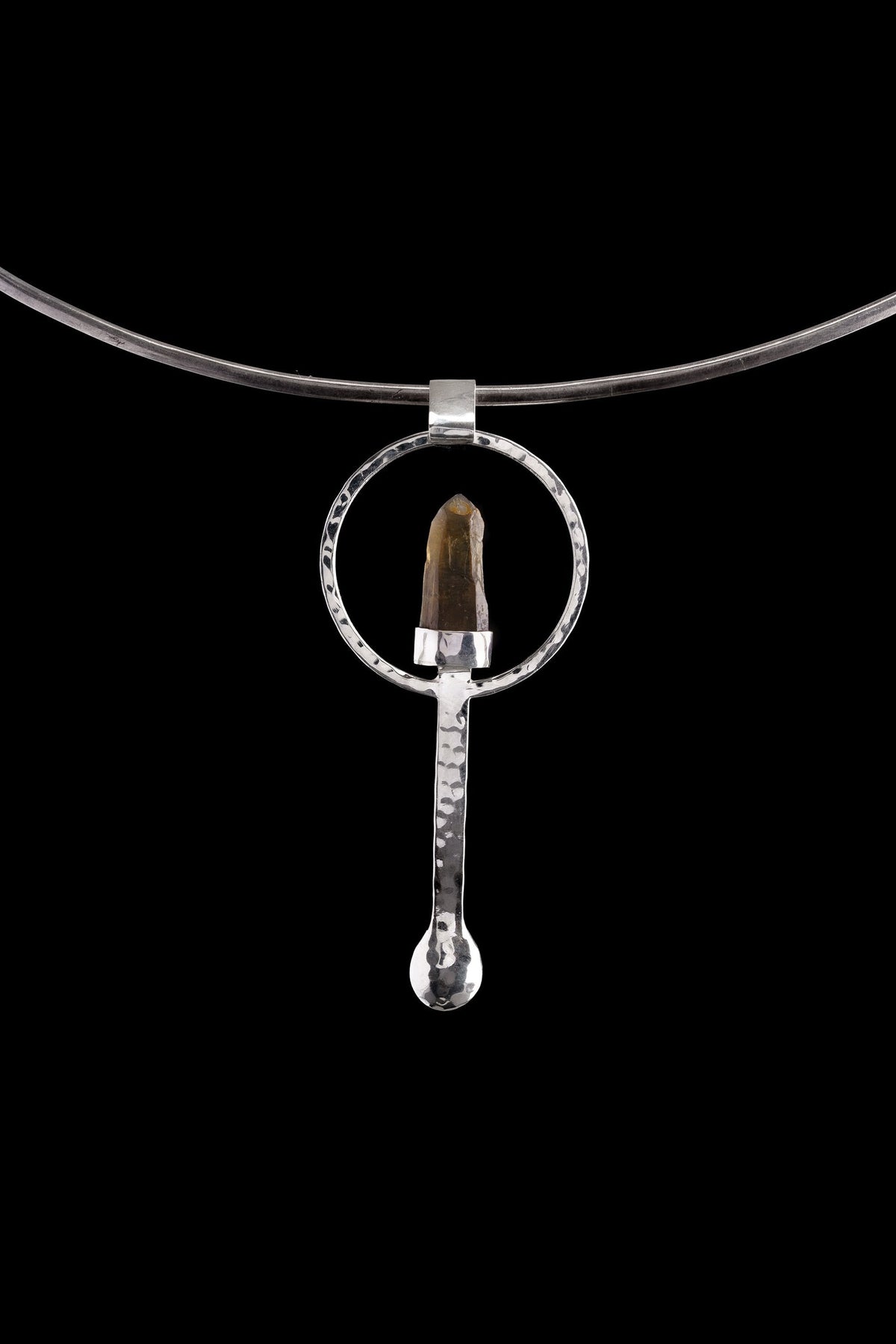 Citrine Point sterling silver hammered spoon pendant shown on a choker with golden crystal and sculptural spoon form.