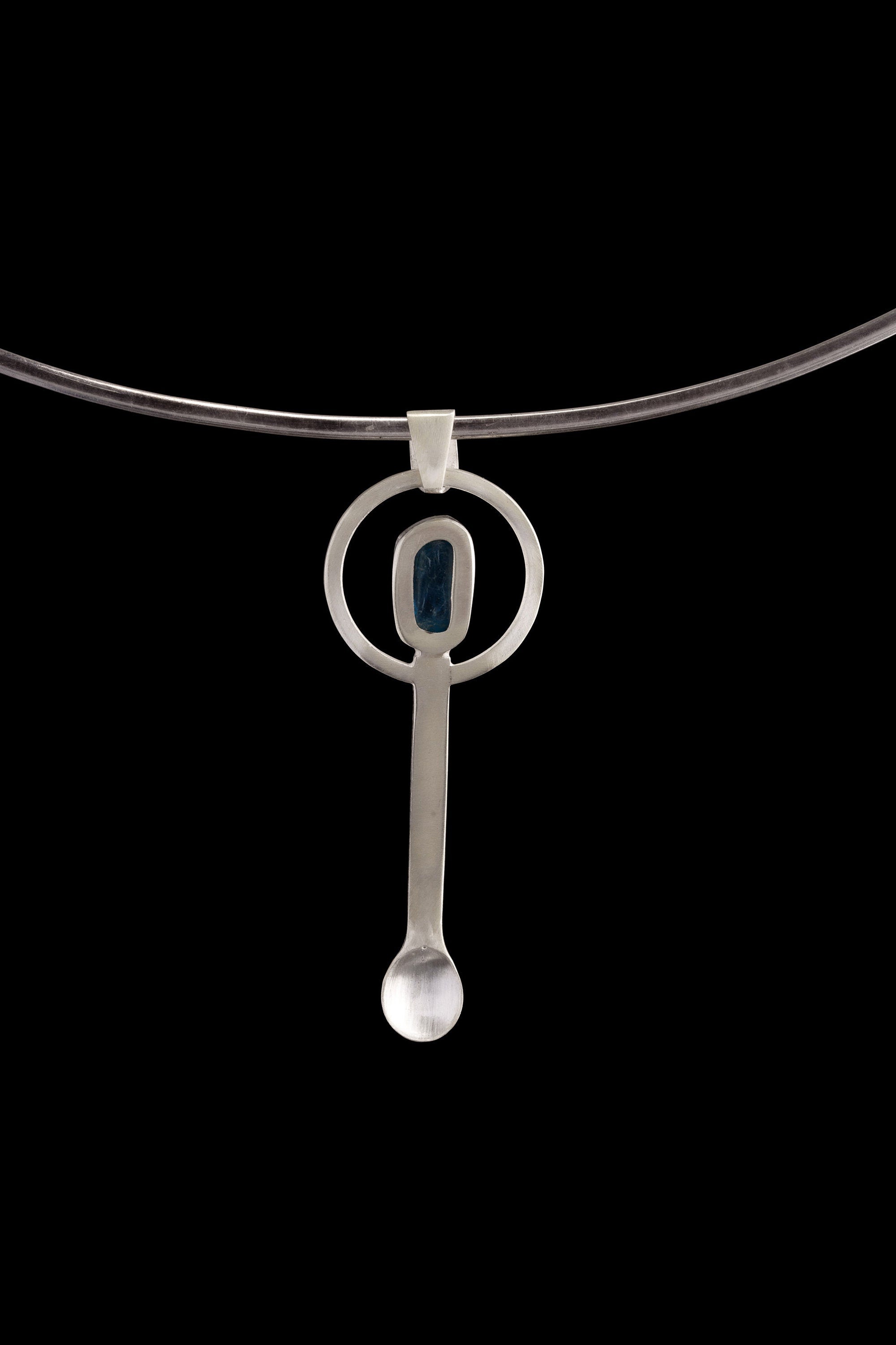 Raw Double Terminated Blue Gem Apatite - Spice / Ceremonial Spoon - 925 Cast Silver - Unique BushTexture - Crystal Pendant Necklace -