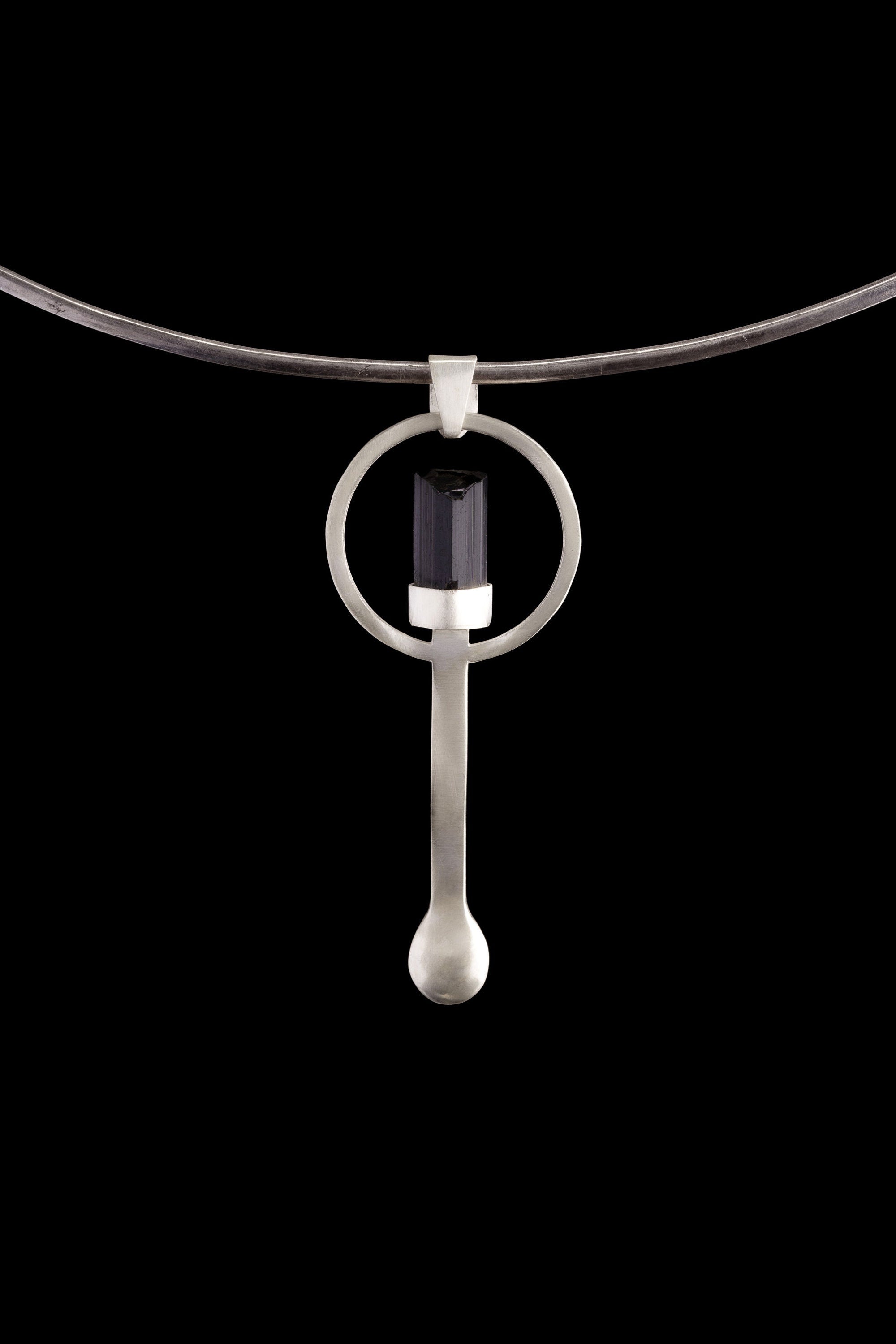Black Tourmaline Wand - Small Spice / Ceremonial Spoon - Solid 925 Cast Silver - Unique Brush Textured - Crystal Pendant Necklace -