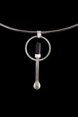 Black Tourmaline Wand - Small Spice / Ceremonial Spoon - Solid 925 Cast Silver - Unique Brush Textured - Crystal Pendant Necklace -