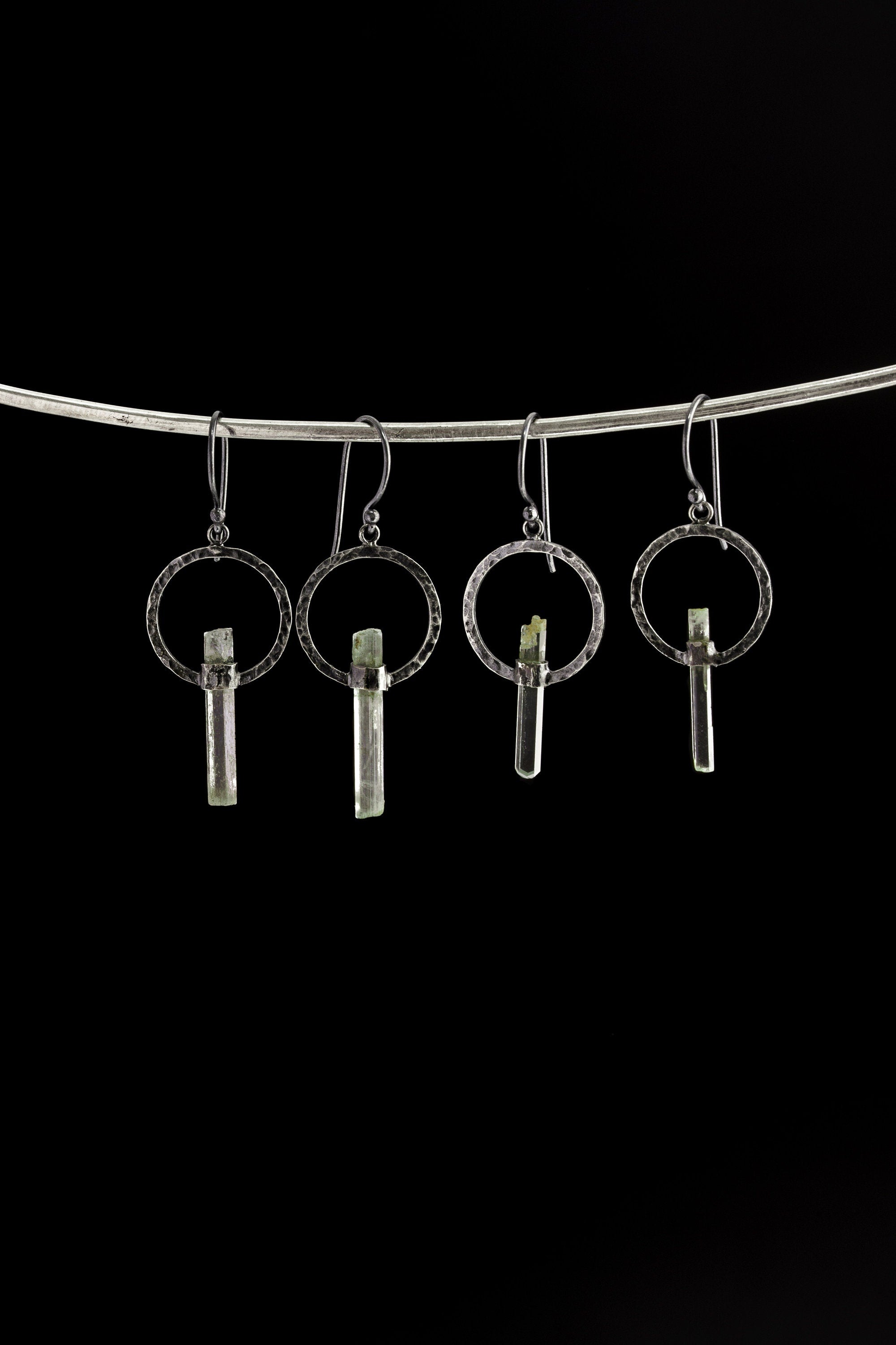 Aquamarine Hoop Earrings 925 Sterling Silver Hammered Circle Dangles Raw Wand Crystal March Birthstone Throat Chakra Gift