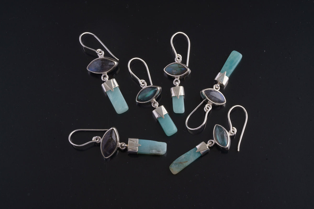 Labradorite Aquamarine dangle earrings in handmade 925 sterling silver with eye-shaped stones and blue gemstone drops.