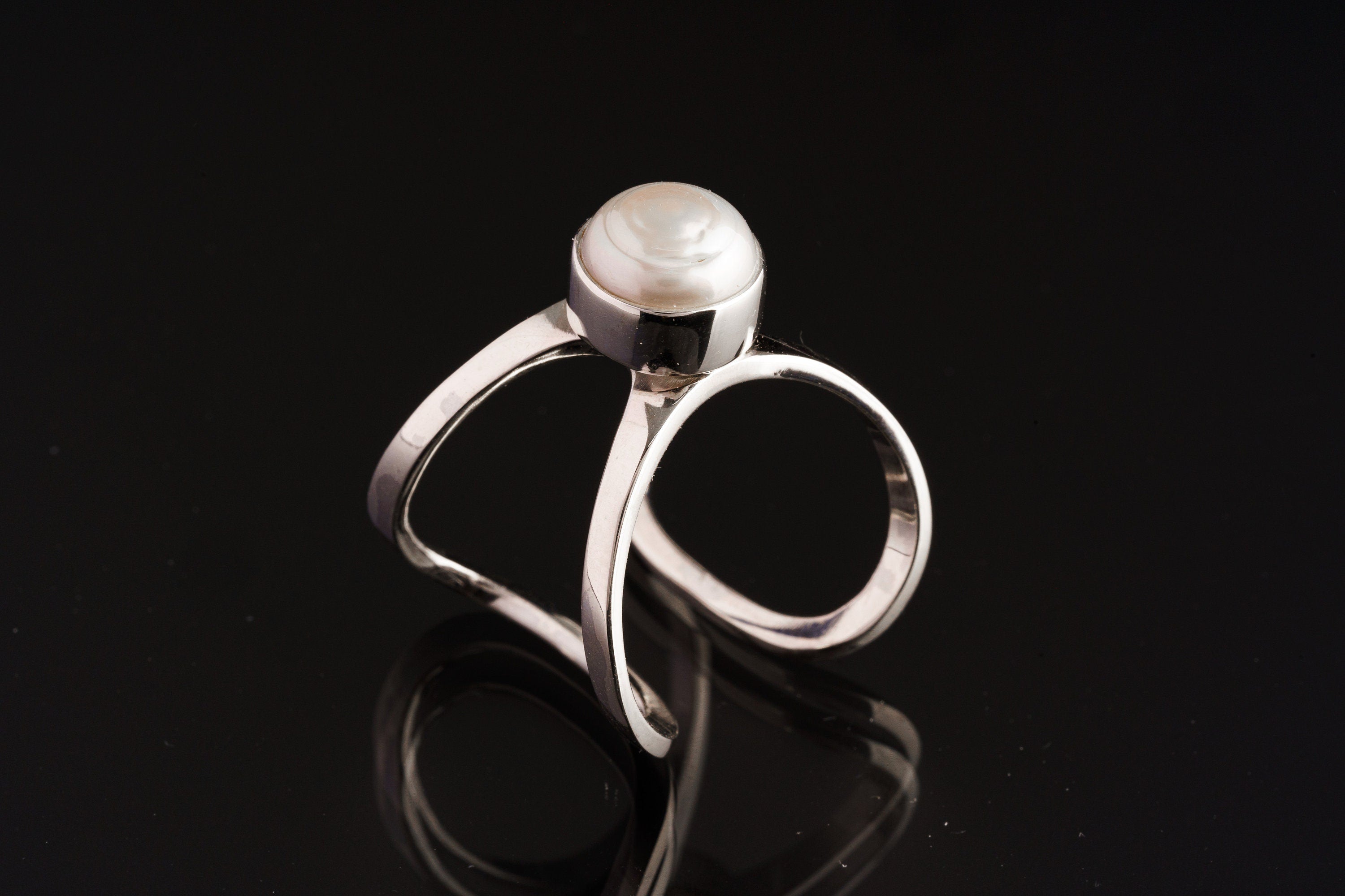 Adjustable Sterling Silver Ring Featuring Big Round South Sea Pearl, Butterfly Wing ,Open Back, Polished Finish, Sizes 5-9 US