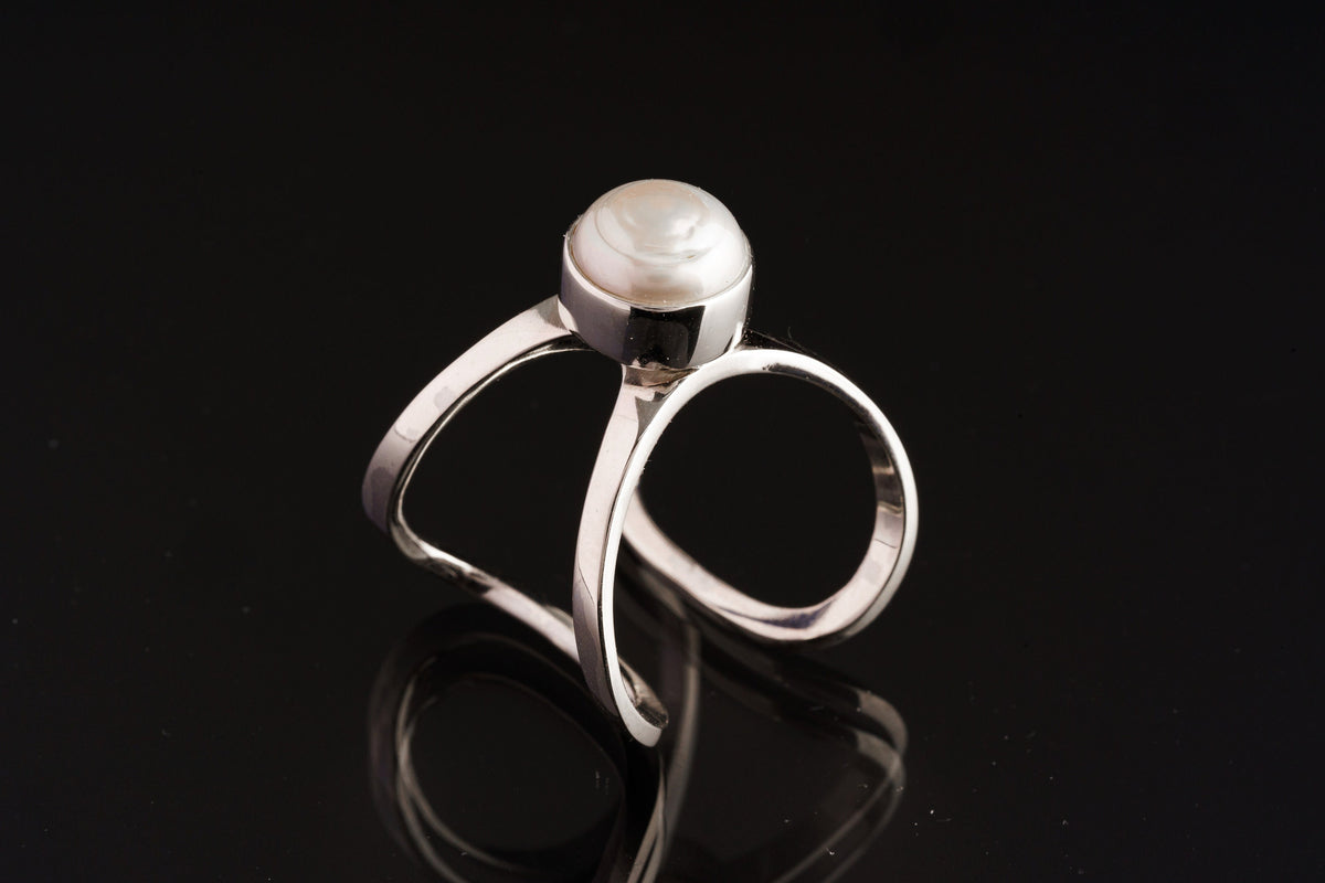 Adjustable Sterling Silver Ring Featuring Big Round South Sea Pearl, Butterfly Wing ,Open Back, Polished Finish, Sizes 5-9 US