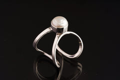 Adjustable Sterling Silver Ring Featuring Big Round South Sea Pearl, Butterfly Wing ,Open Back, Polished Finish, Sizes 5-9 US