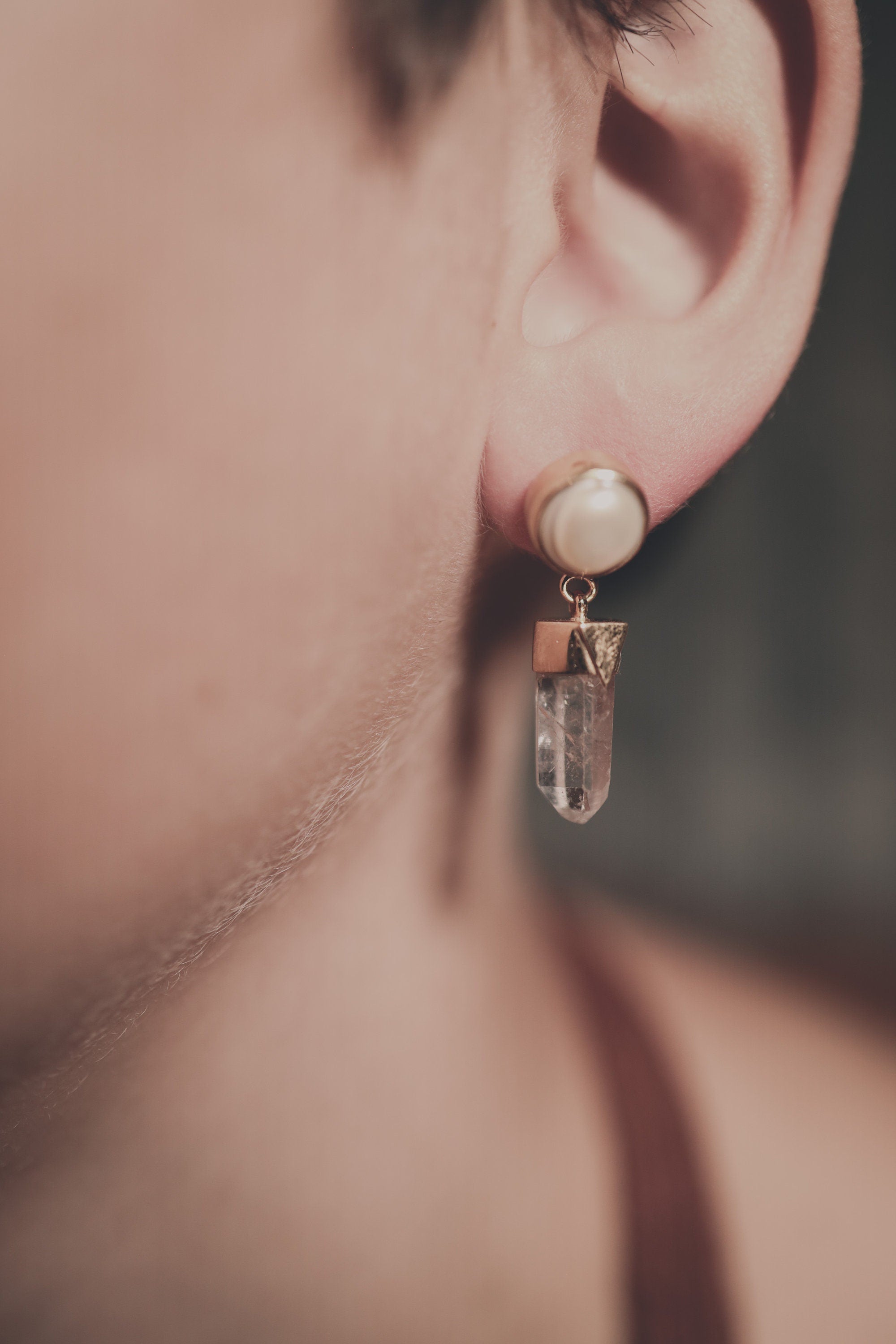 South Sea Pearl & Himalayan Quartz Dangle Studs - Gold Plated Sterling Silver