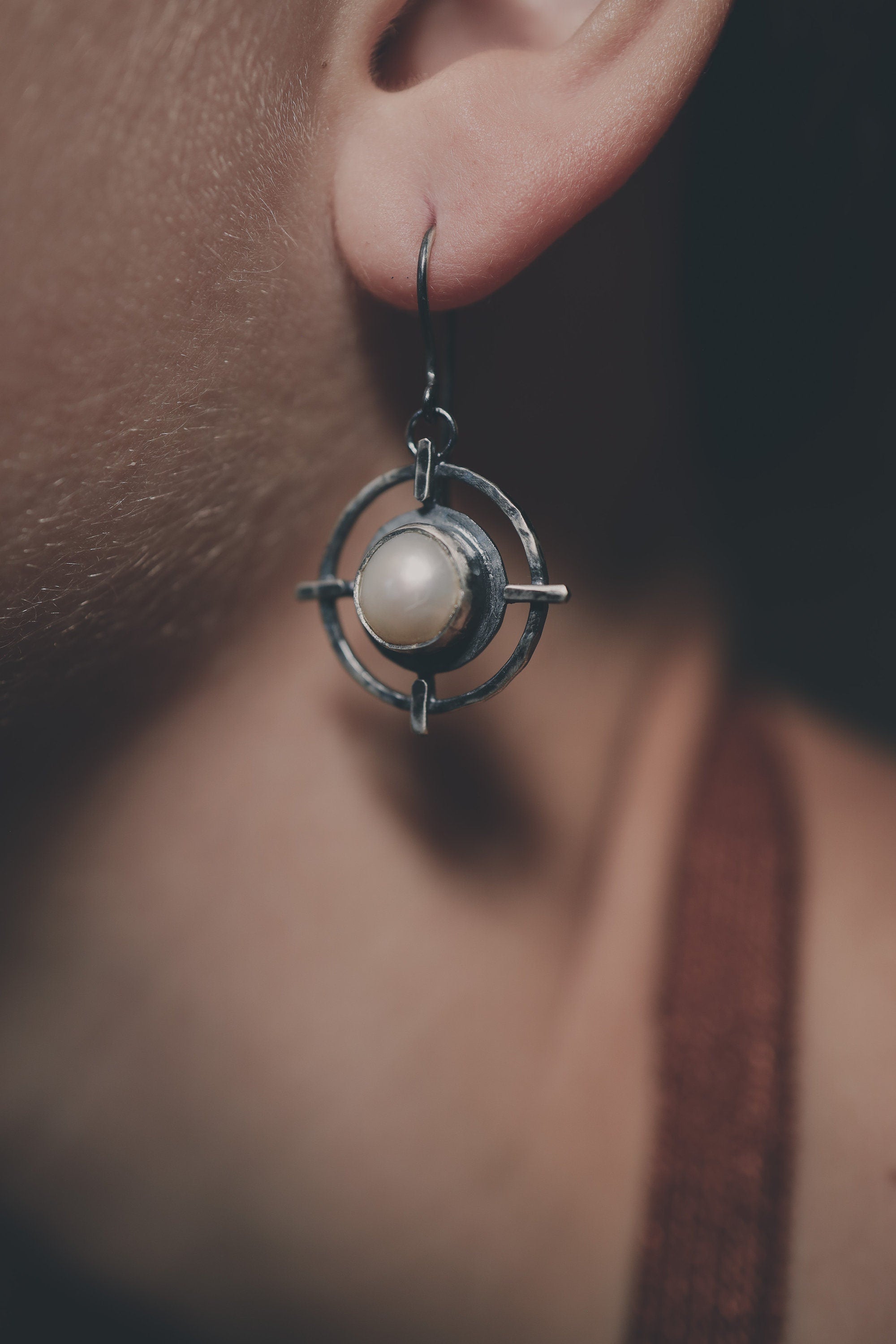 South Sea Pearl Earrings 925 Sterling Silver Textured Cross Circle Earrings Old World Oxidized Pearl Jewelry Gift