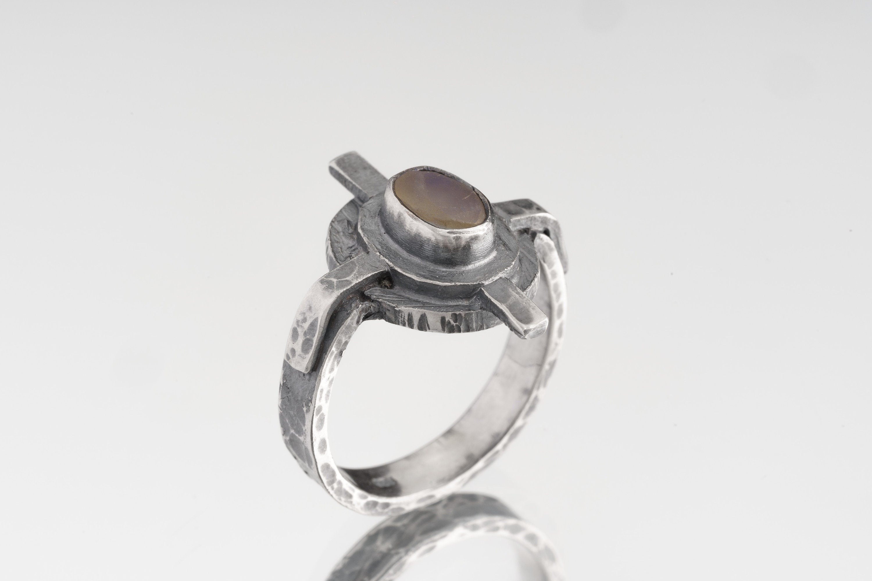 Blue Moonstone Ring in Oxidised Sterling Silver – Rustic Compass Design, Chakra Healing Gift, Heavy Textured Band, Made to Order