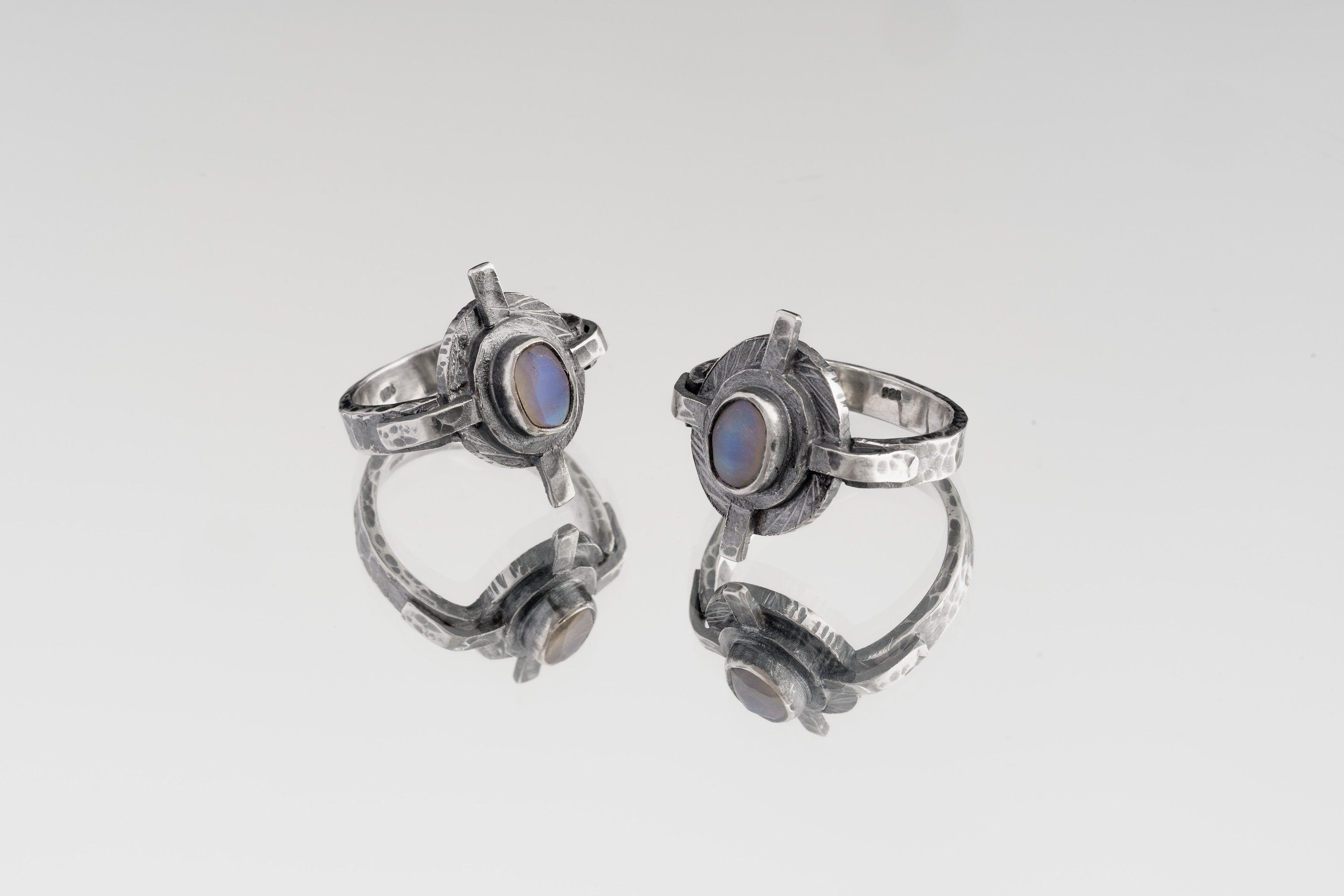 Blue Moonstone Ring in Oxidised Sterling Silver – Rustic Compass Design, Chakra Healing Gift, Heavy Textured Band, Made to Order