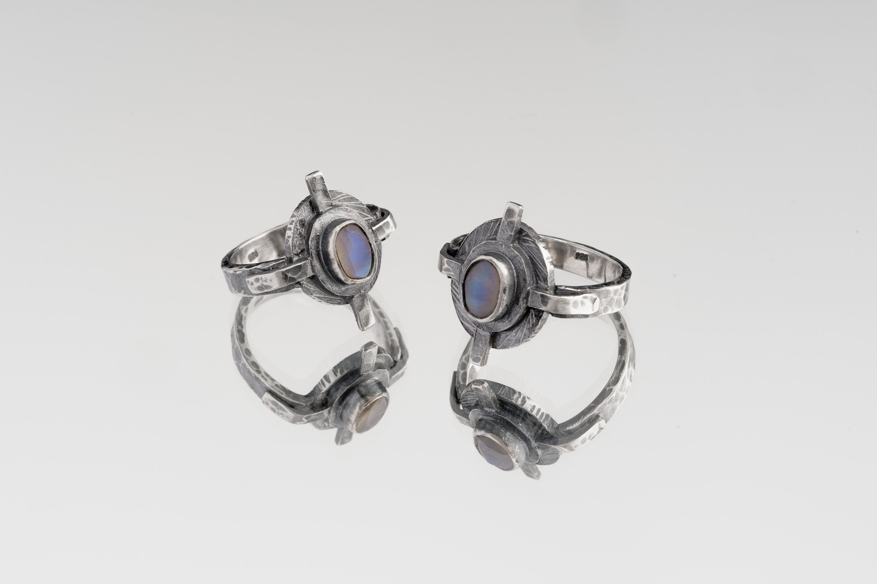 Blue Moonstone Ring 925 Sterling Silver Oxidized Rustic Compass Ring Hammered Band Crown Chakra June Birthstone Gift