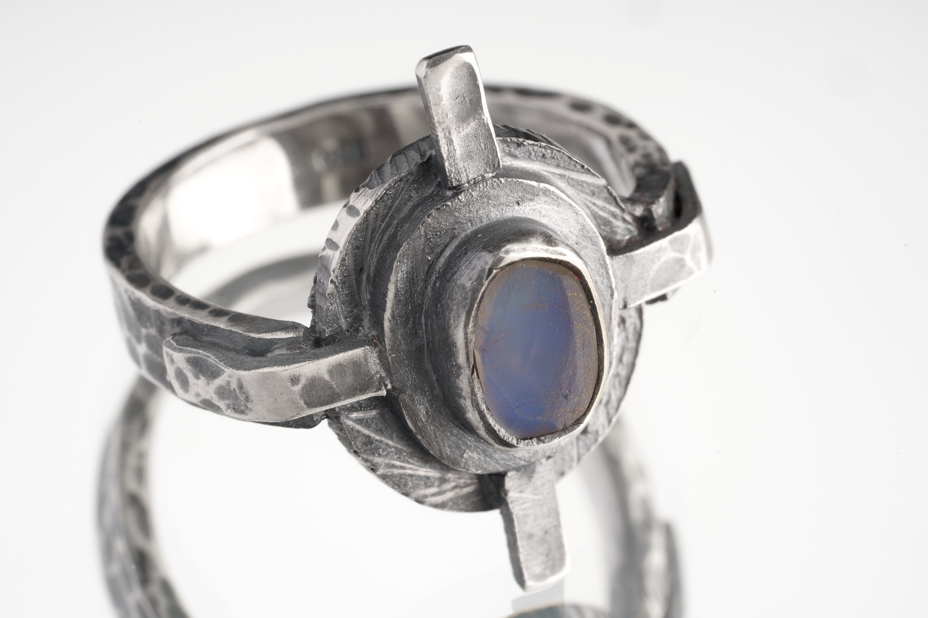 Blue Moonstone Ring in Oxidised Sterling Silver – Rustic Compass Design, Chakra Healing Gift, Heavy Textured Band, Made to Order