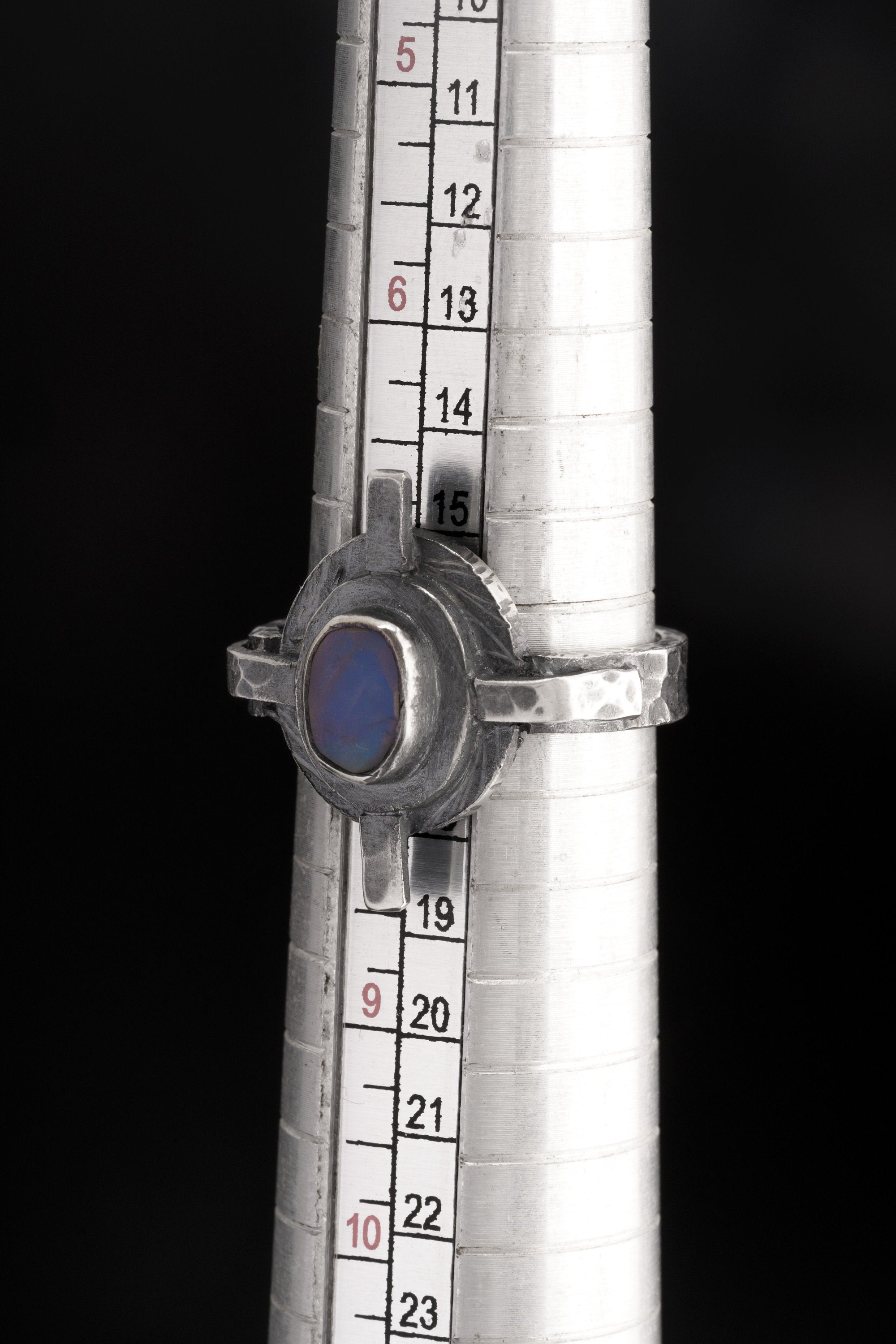 Blue Moonstone Ring in Oxidised Sterling Silver – Rustic Compass Design, Chakra Healing Gift, Heavy Textured Band, Made to Order