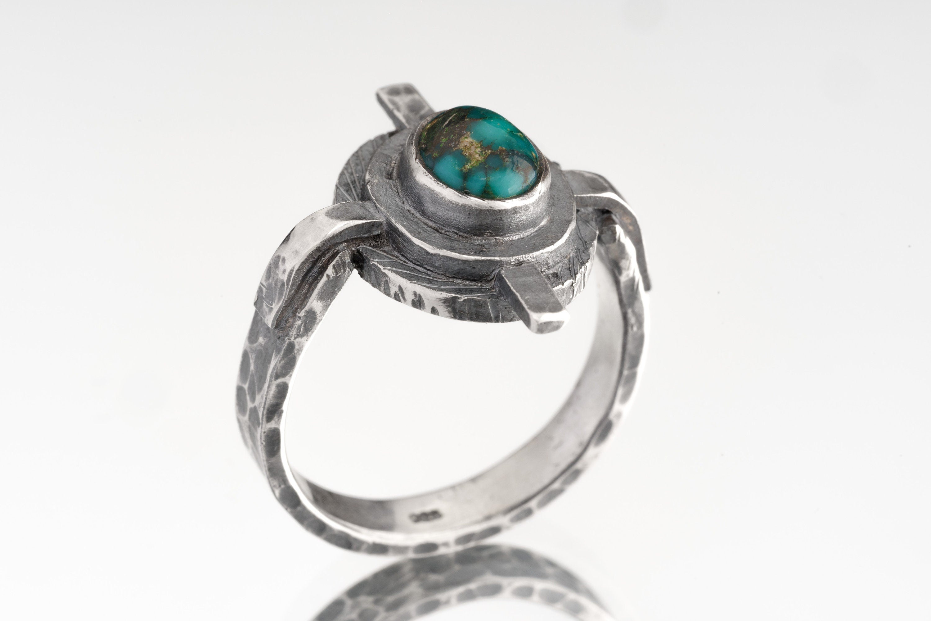 Himalayan Turquoise Ring 925 Sterling Silver Textured Compass Band December Birthstone Throat Chakra Gift