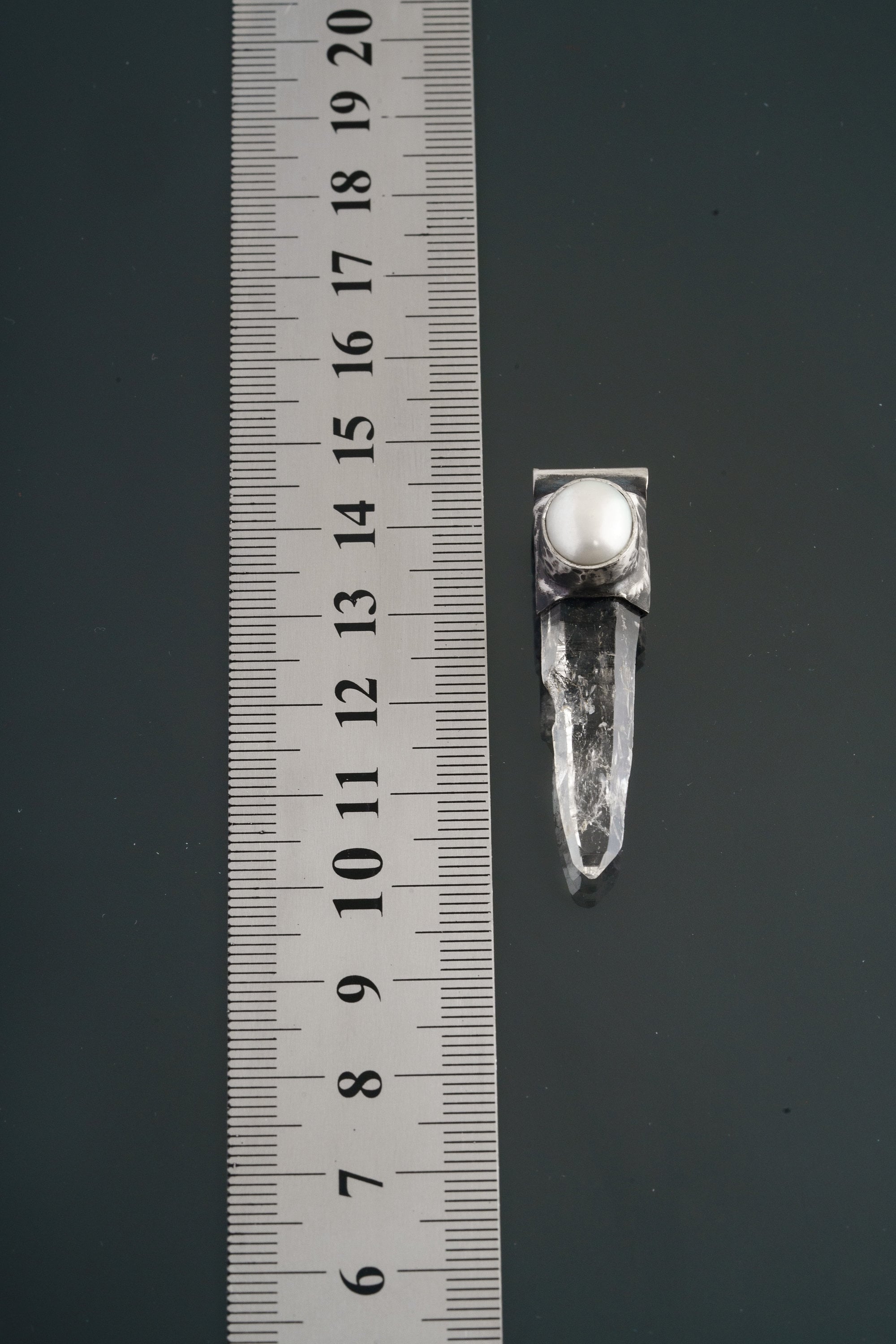 Nepal Inclusion Quartz South Sea Pearl Stack Pendant shown beside a ruler for scale with 2.5 mm tubular bail.
