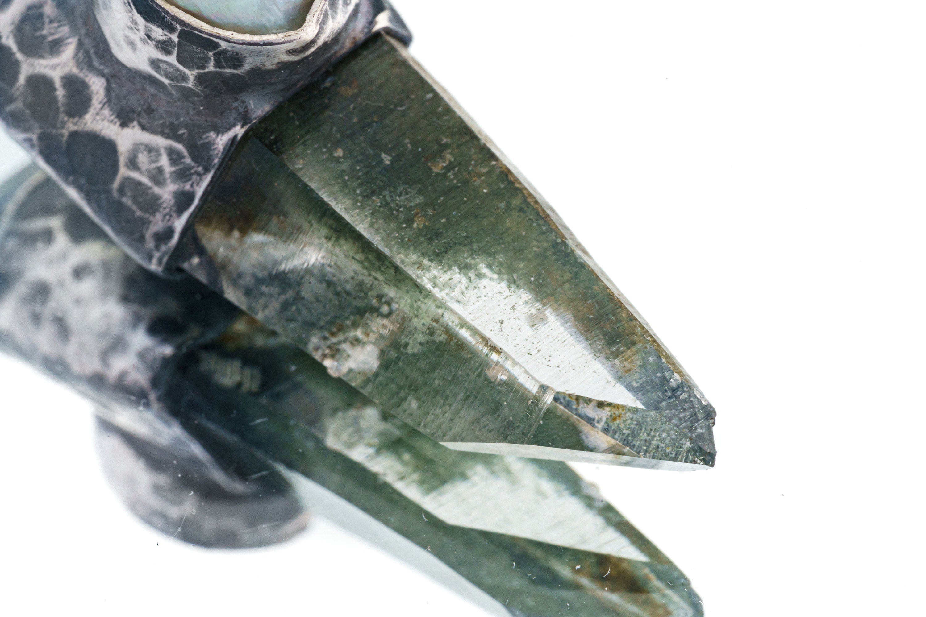 Tribal Stack Pendant: Nepali Green Chlorite Quartz Point and South Sea Pearl in Industrial Oxidised 925 Sterling Silver, Handcrafted- NO 8